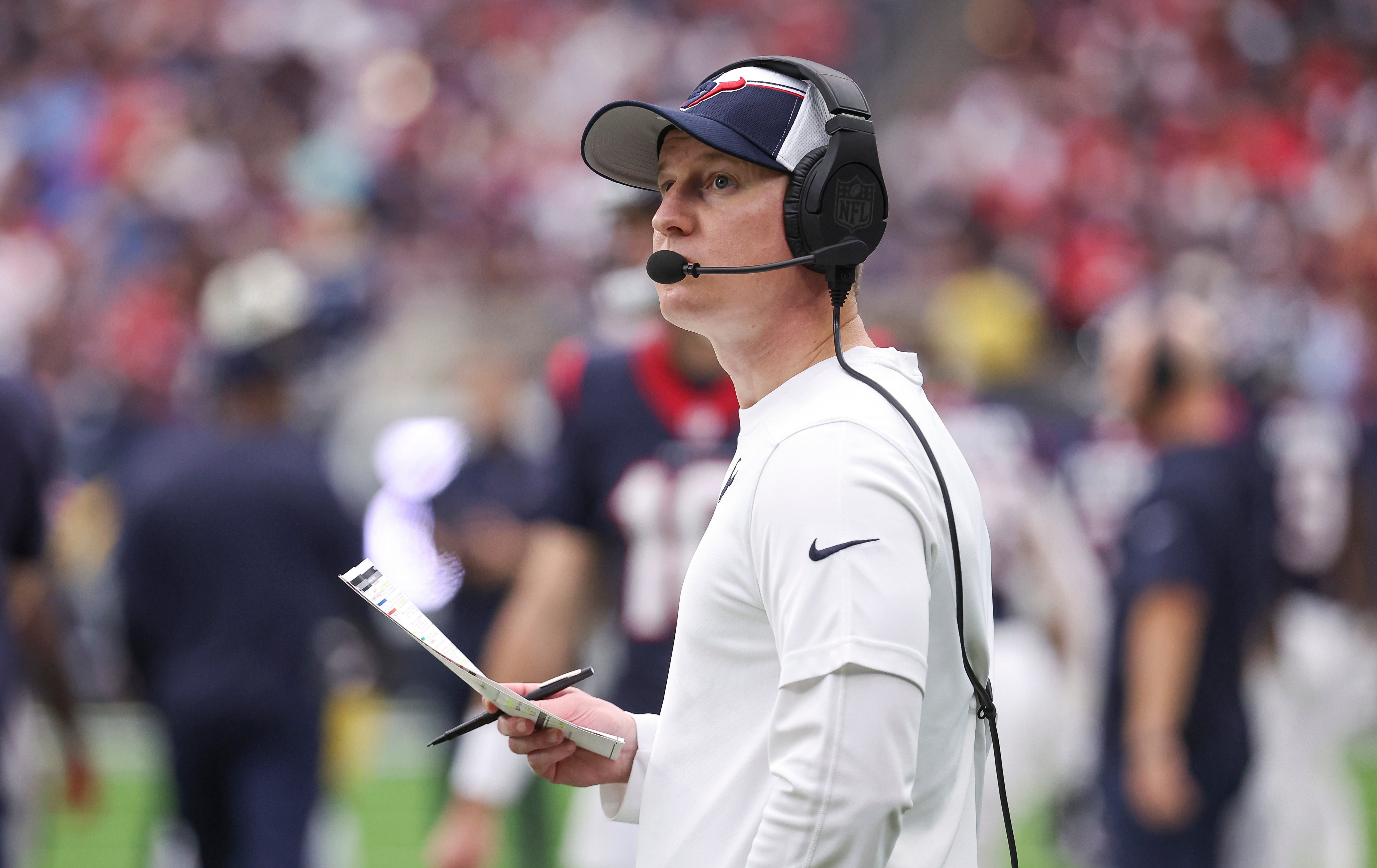 Dec 31, 2023; Houston, Texas, USA; Houston Texans offensive coordinator Bobby Slowik on the sideline during the game against the Tennessee Titans at NRG Stadium.