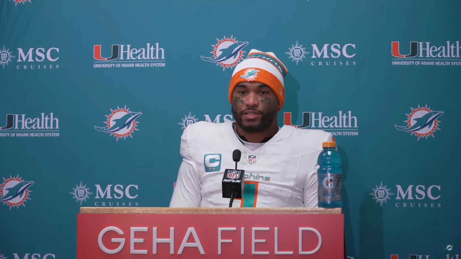 Miami Dolphins QB Tua Tagovailoa talks to the media after losing to Kansas City Chiefs.