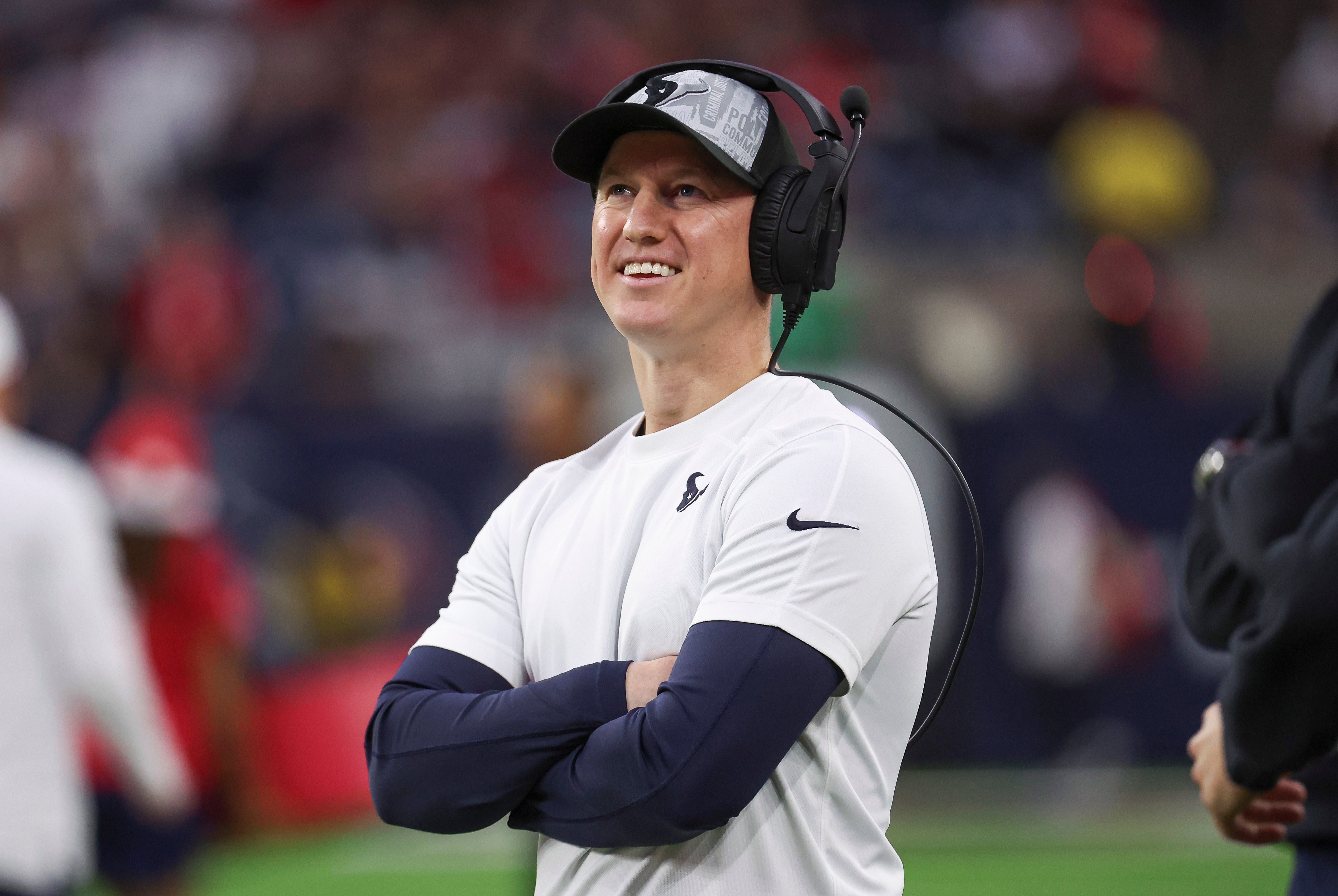 Dec 24, 2023; Houston, Texas, USA; Houston Texans offensive coordinator Bobby Slowik smiles before the game against the Cleveland Browns at NRG Stadium.
