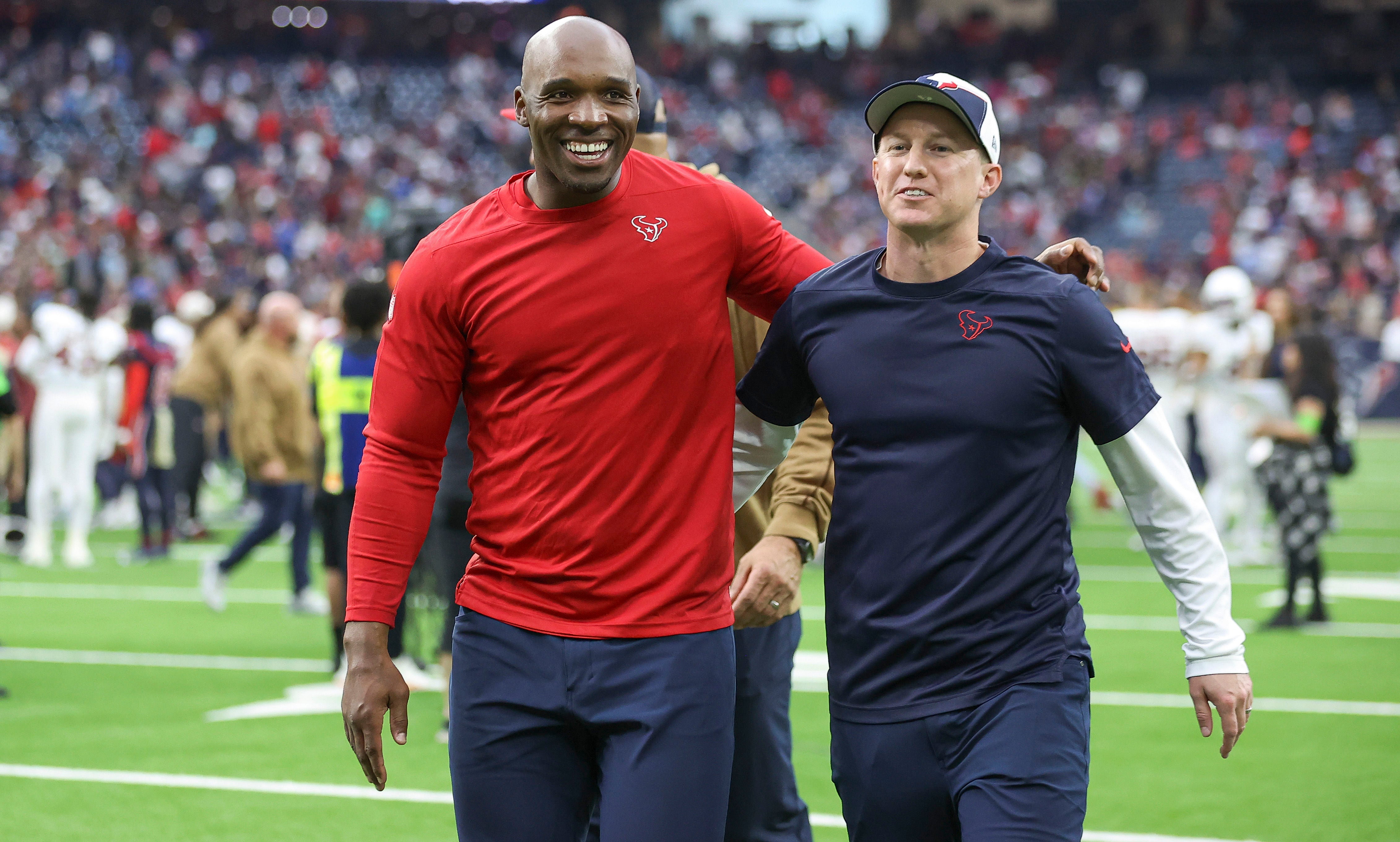 Nov 19, 2023; Houston, Texas, USA; Houston Texans head coach DeMeco Ryans (left) and offensive coordinator Bobby Slowik walk off the field after the game against the Arizona Cardinals at NRG Stadium.