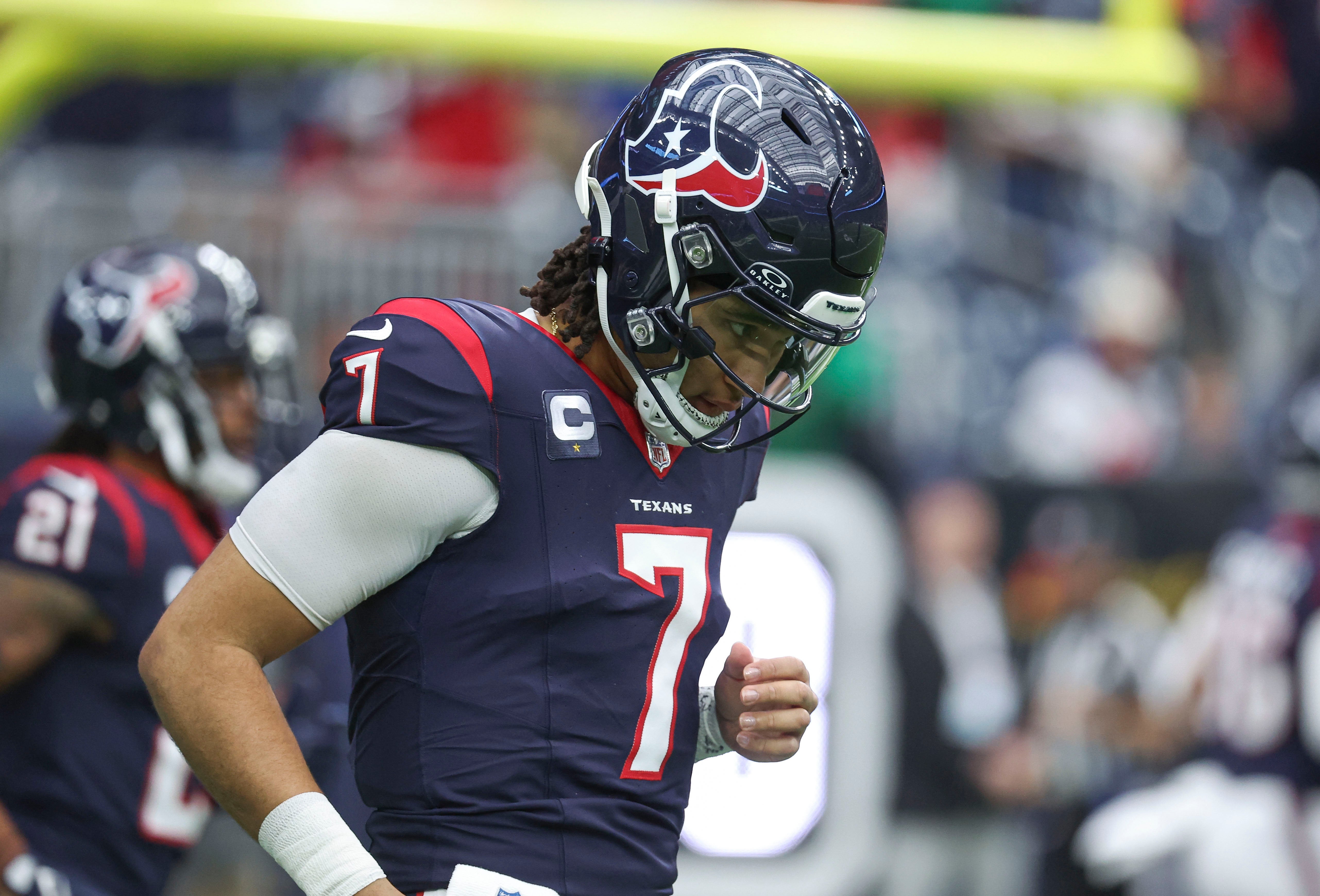 Jan 13, 2024; Houston, Texas, USA; Houston Texans quarterback C.J. Stroud (7) before a 2024 AFC wild card game against the Cleveland Browns at NRG Stadium.