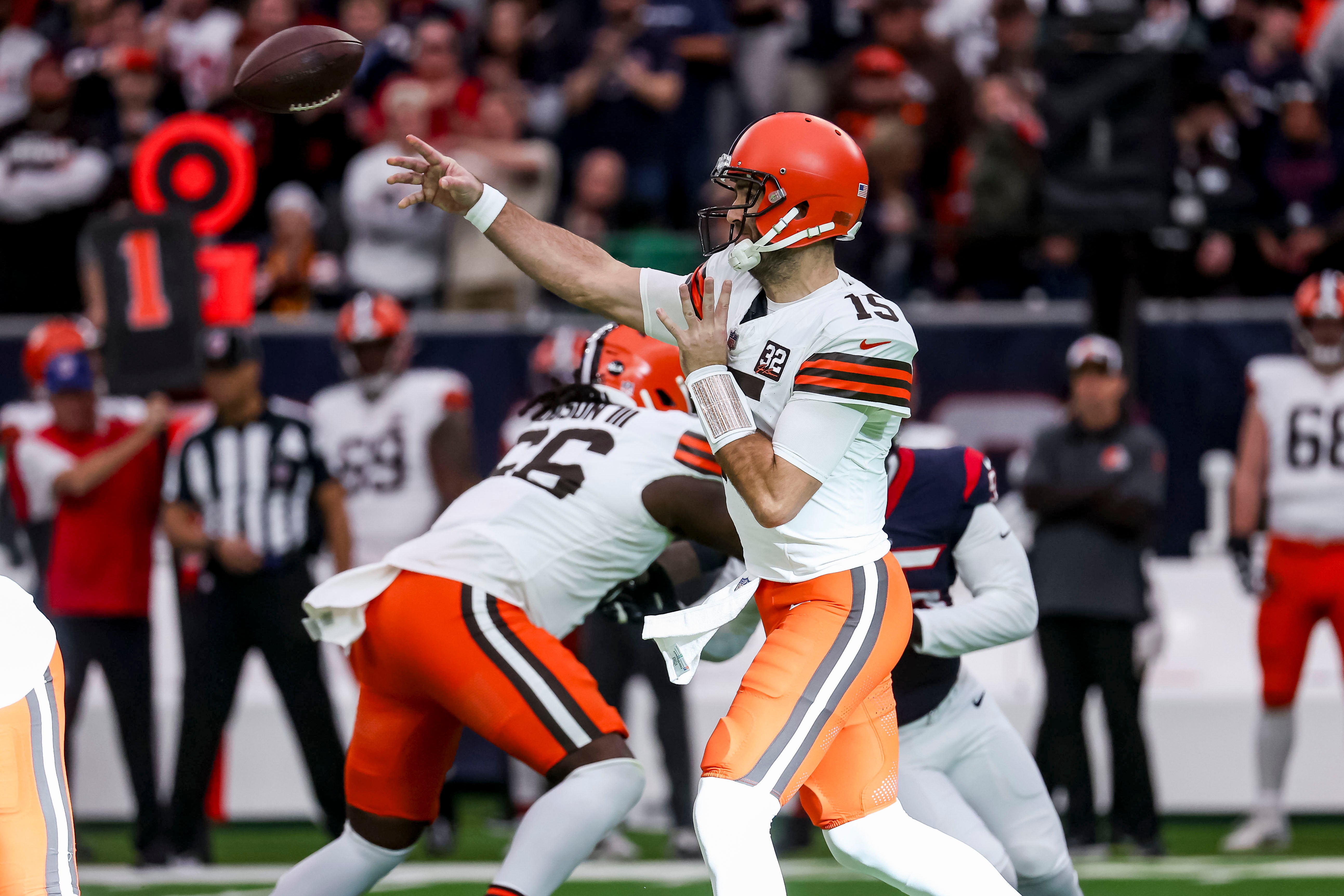 Jan 13, 2024; Houston, Texas, USA: Cleveland Browns quarterback Joe Flacco (15) throws the ball during the first quarter a 2024 AFC wild card game at NRG Stadium. Mandatory Credit: Troy Taormina-USA TODAY Sports