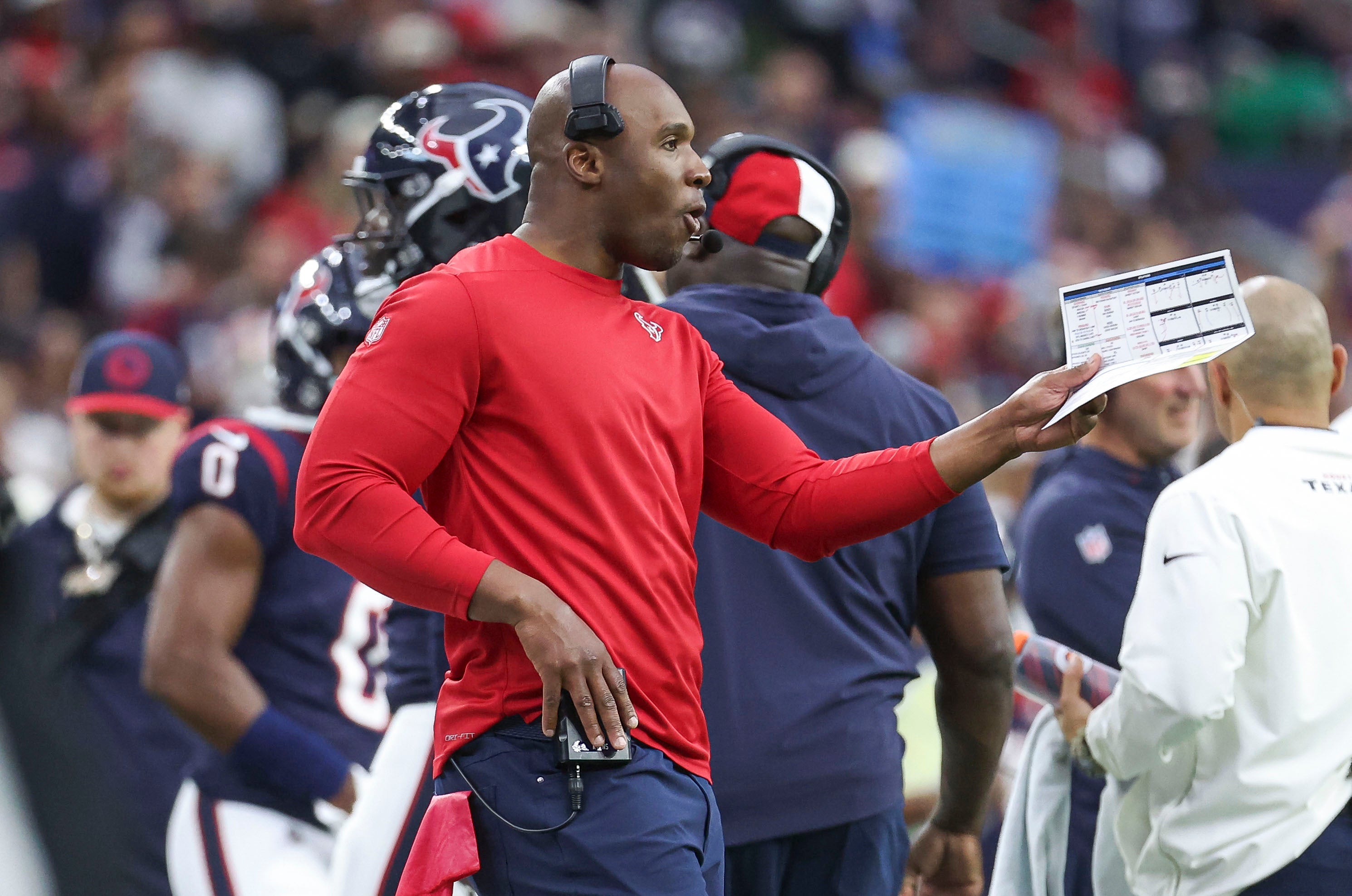 Jan 13, 2024; Houston, Texas, USA; Houston Texans head coach DeMeco Ryans in a 2024 AFC wild card game against the Cleveland Browns at NRG Stadium.