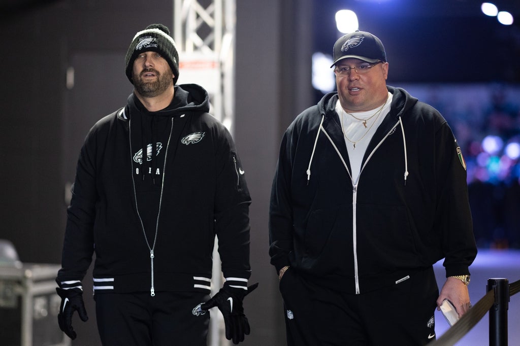 Philadelphia Eagles head coach Nick Sirianni and chief security officer Dom DiSandro before a game against the Arizona Cardinals at Lincoln Financial Field.