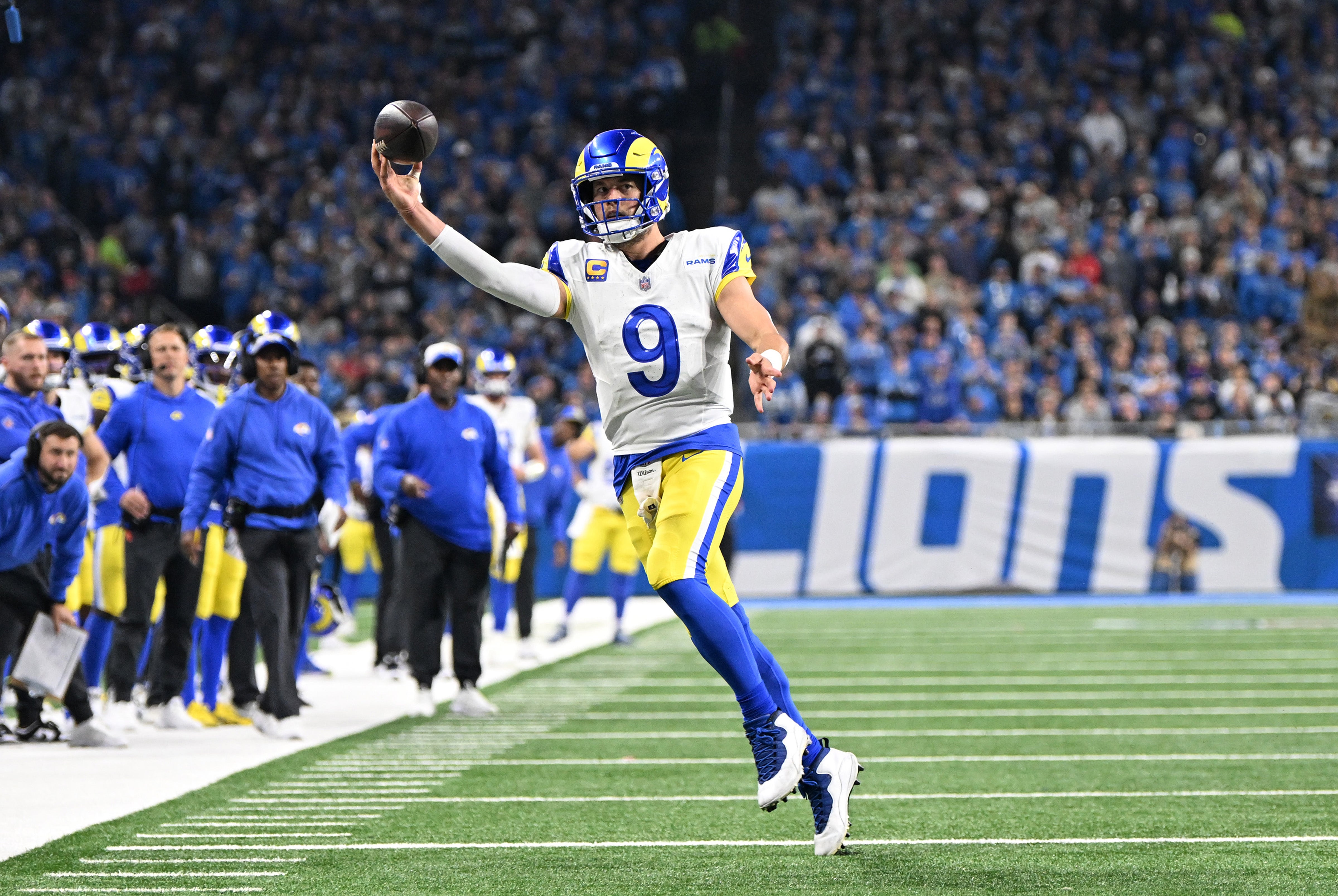 Jan 14, 2024; Detroit, Michigan, USA; Los Angeles Rams quarterback Matthew Stafford (9) throws during the second half of a 2024 NFC wild card game against the Detroit Lions at Ford Field. Mandatory Credit: Lon Horwedel-USA TODAY Sports