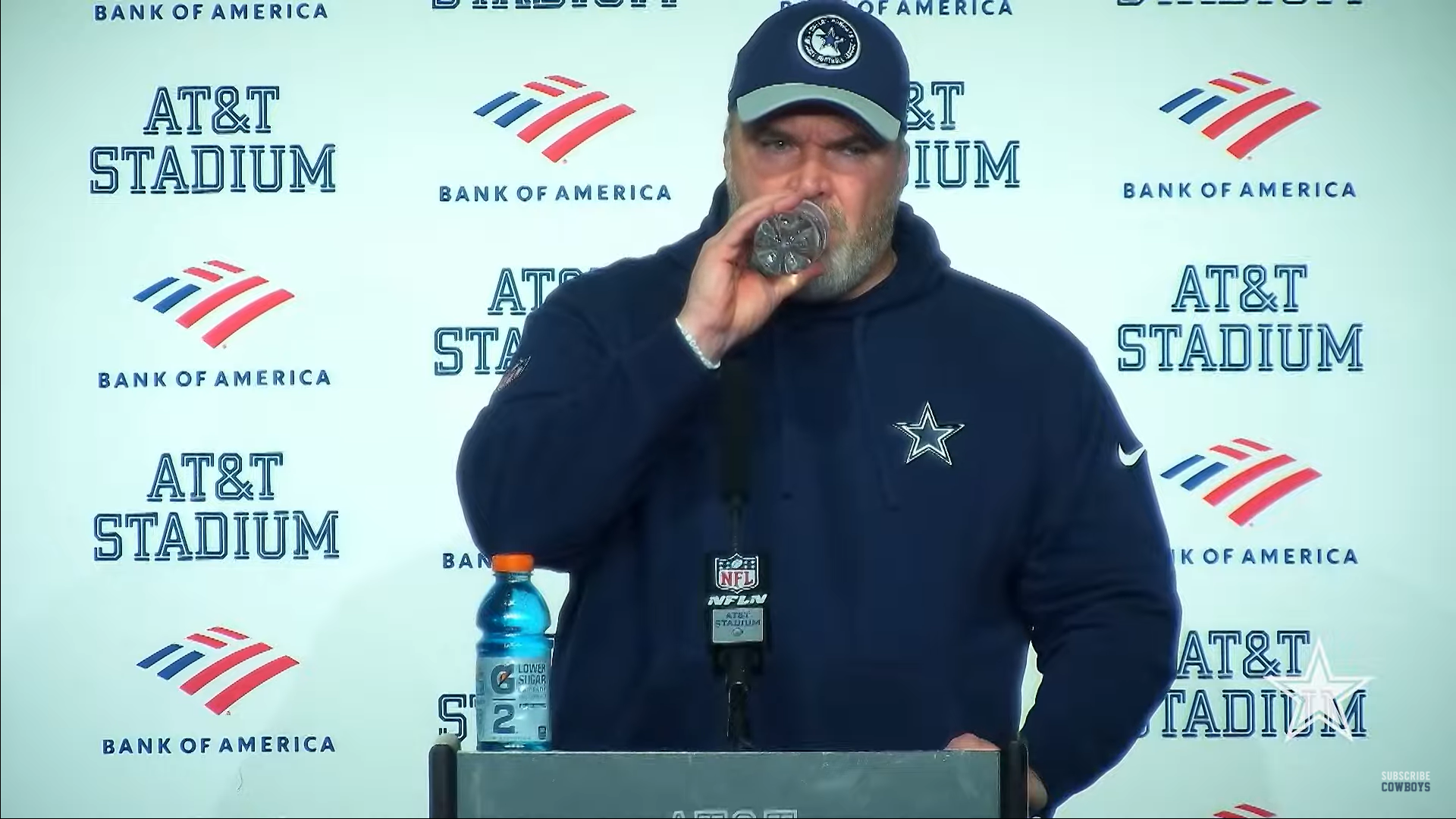 Dallas Cowboys head coach Mike McCarthy talks to reporters postgame after playoff loss to Green Bay Packers.