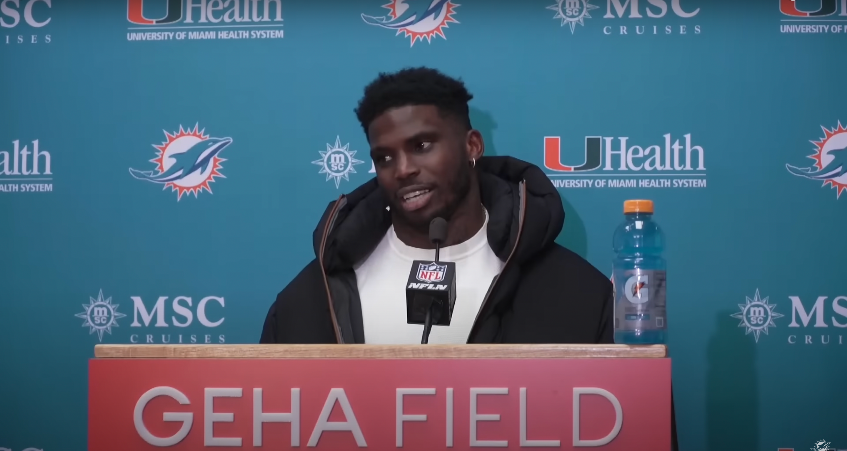 Miami Dolphins WR Tyreek Hill talks to reporters postgame after loss to Kansas City Chiefs