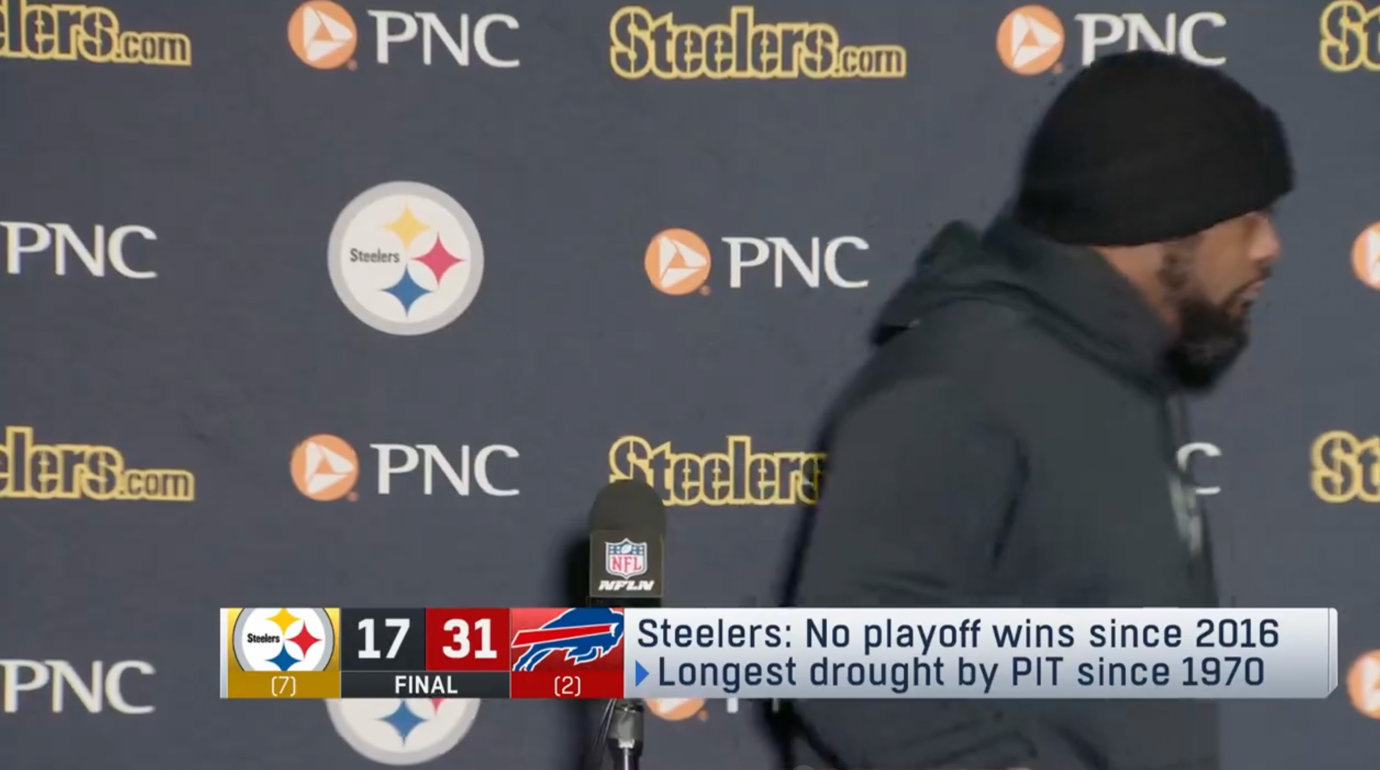 Mike Tomlin walks off from podium after being asked a question about his contract following loss to Buffalo Bills