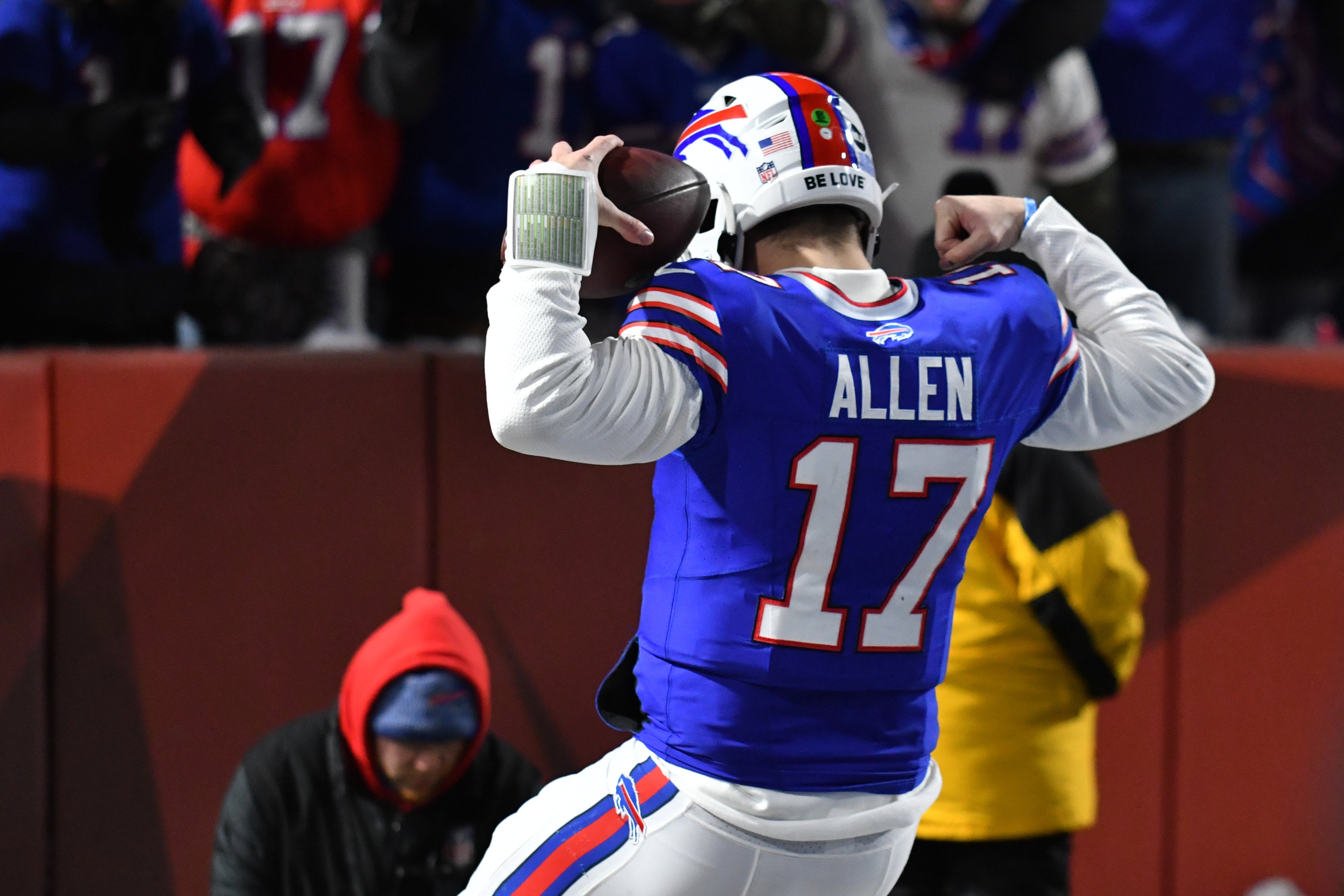 Buffalo Bills quarterback Josh Allen celebrates a touchdown in the first half against the Pittsburgh Steelers in a 2024 AFC wild card game at Highmark Stadium.