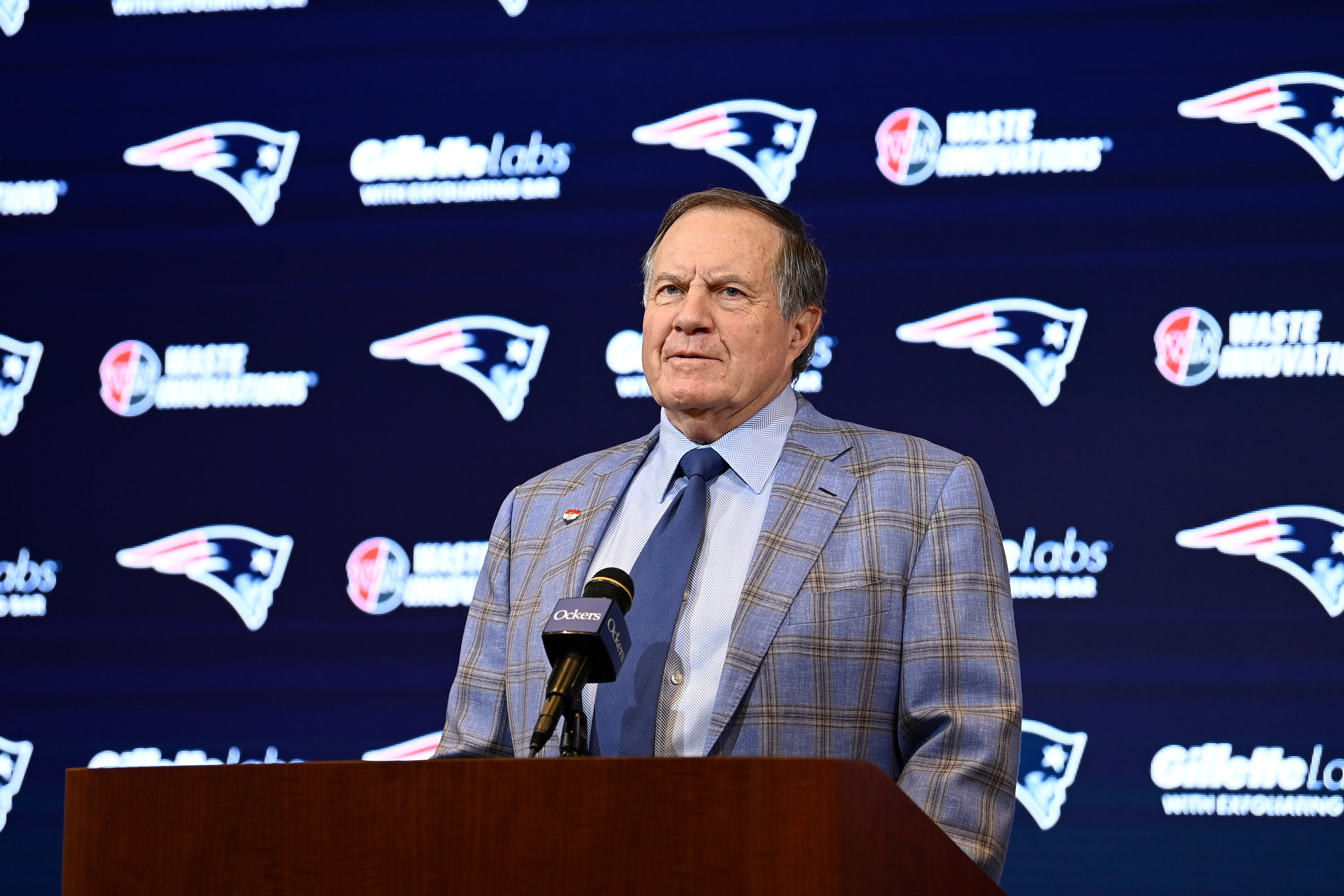 New England Patriots former head coach Bill Belichick holds a press conference at Gillette Stadium to announce his exit from the team