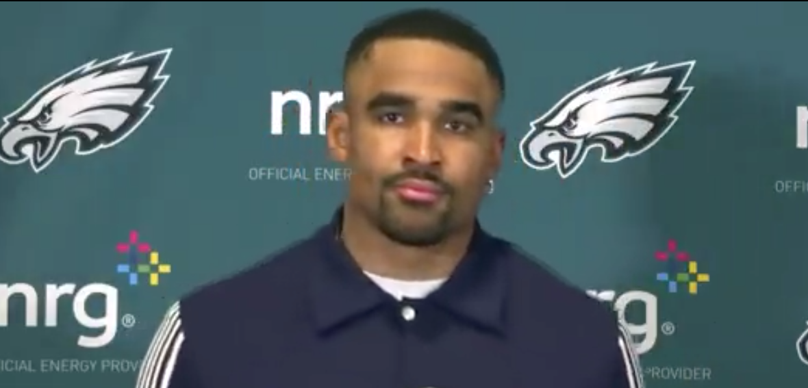 Eagles QB Jalen Hurts speaks to the media following a 32-9 playoff loss to Buccaneers.