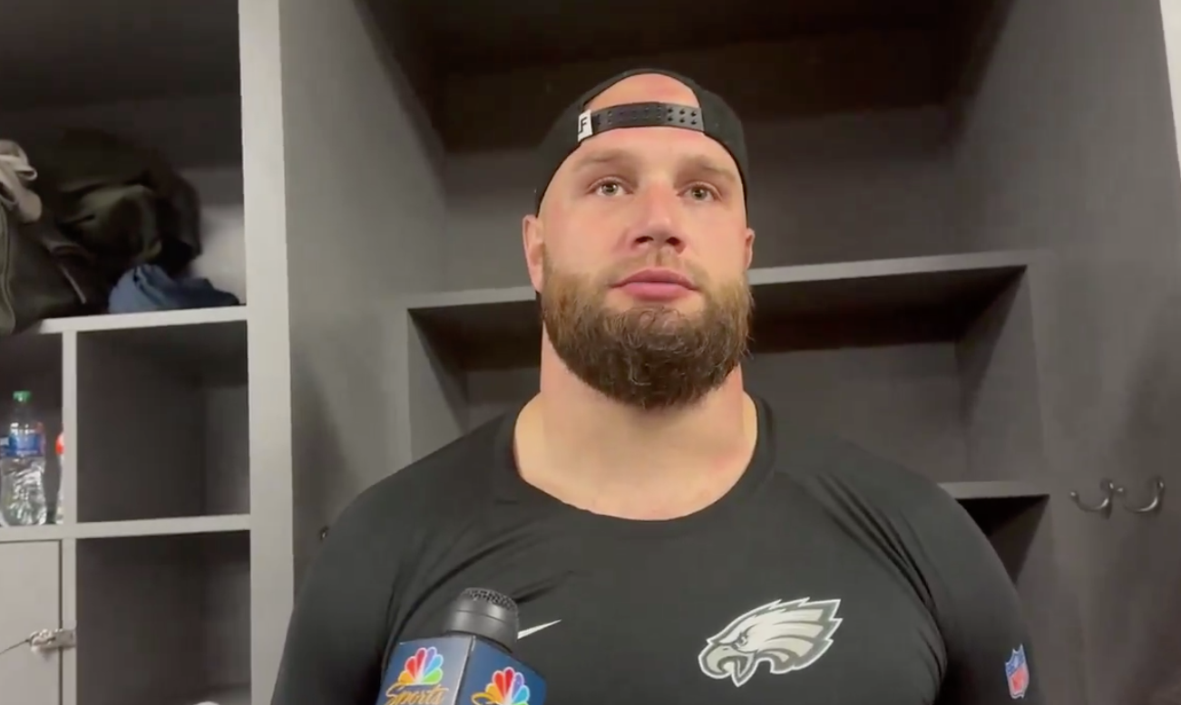 Eagles offensive tackle Lane Johnson speaks to the media following his team's 32-9 playoff loss to the Tampa Bay Buccaneers on Monday.