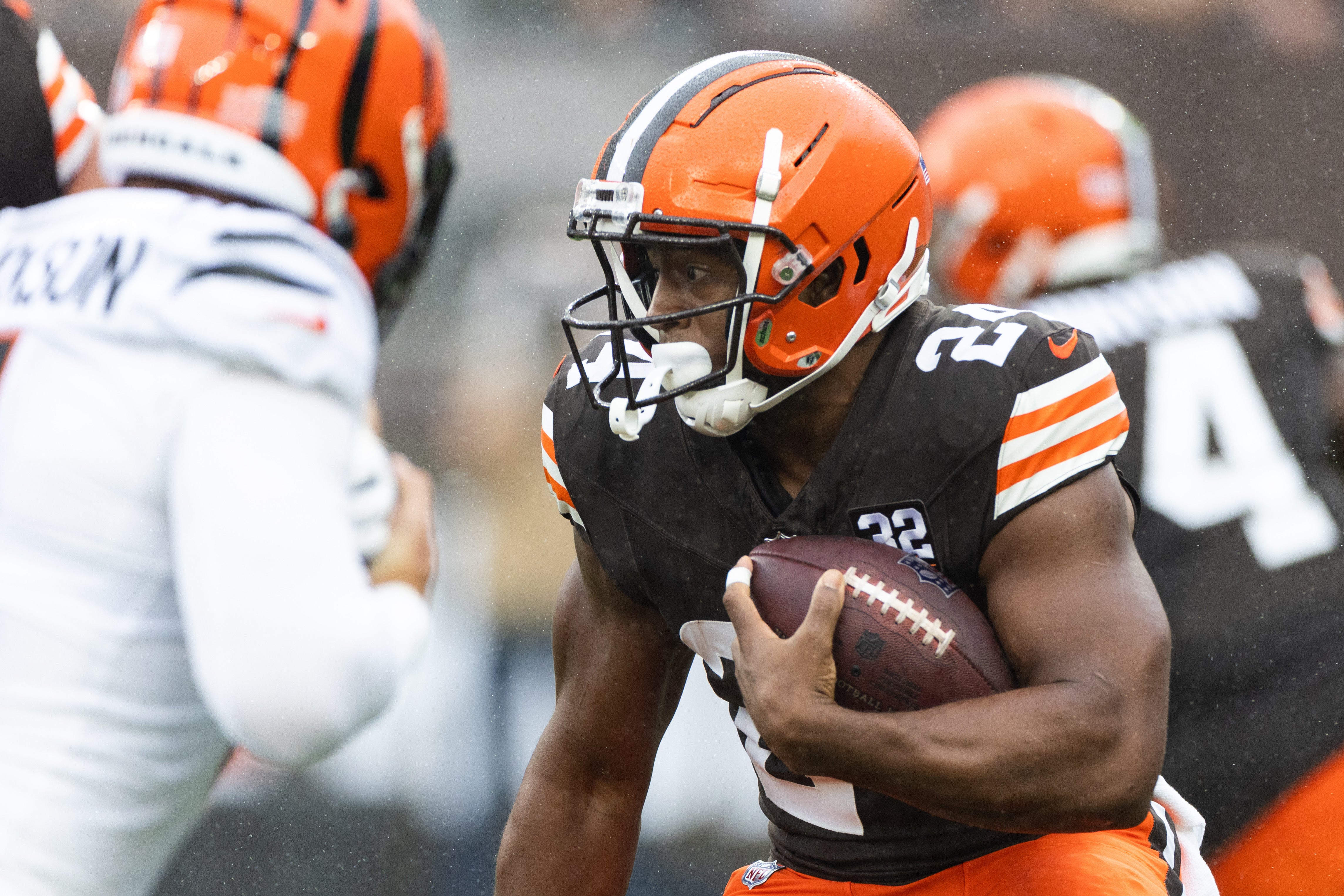 Sep 10, 2023; Cleveland, Ohio, USA; Cleveland Browns running back Nick Chubb (24) runs the ball against the Cincinnati Bengals during the first quarter at Cleveland Browns Stadium. Mandatory Credit: Scott Galvin-USA TODAY Sports