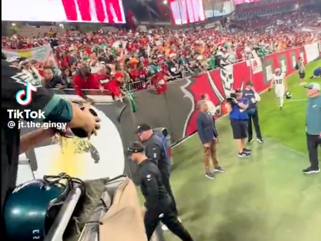 An Eagles fan throws popcorn on Nick Sirianni following a playoff loss to Buccaneers.