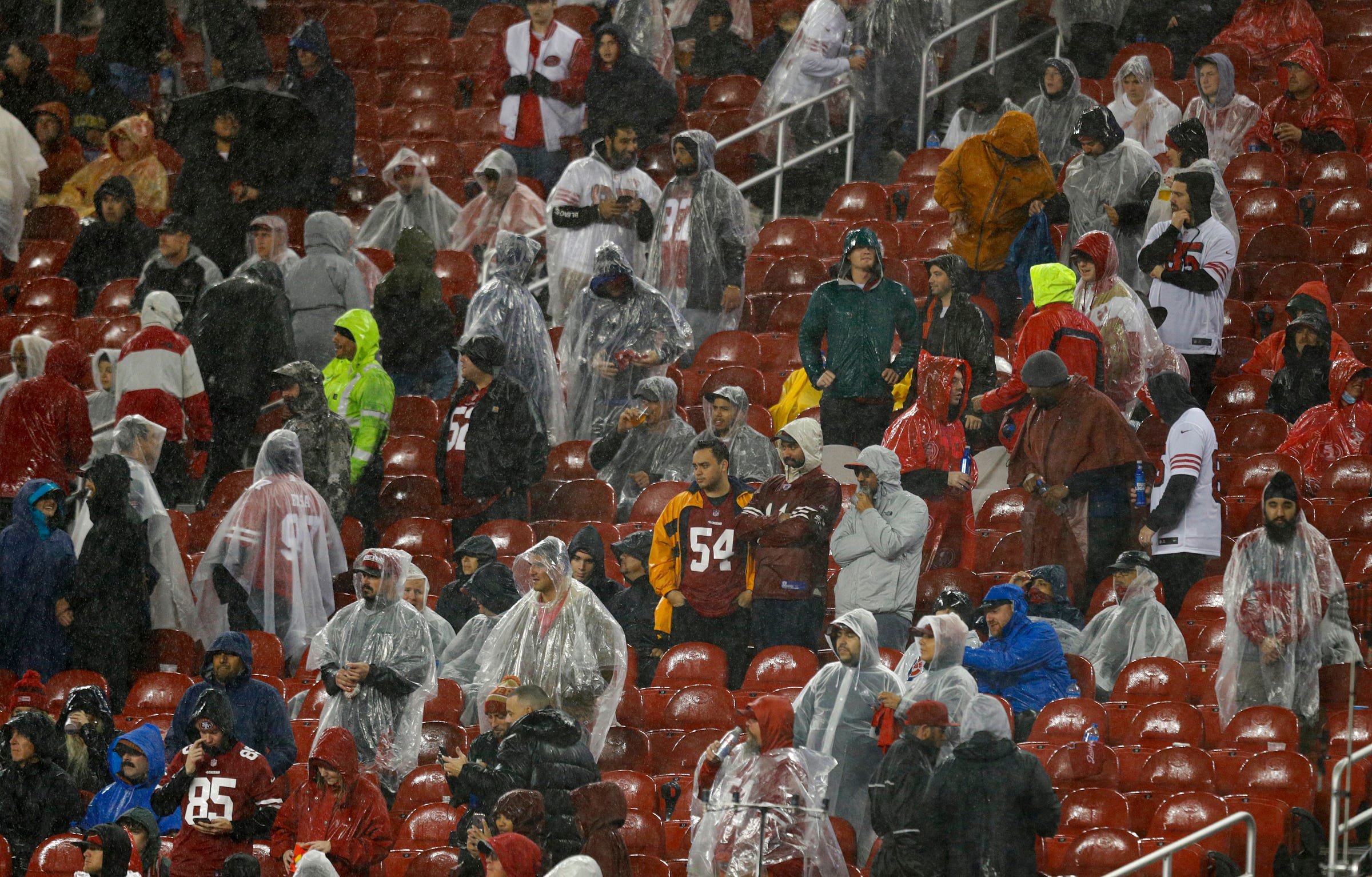 Colts and 49ers fans endure rain from a \"bomb cyclone\" weather system during the first half of the game Sunday, Oct. 24, 2021, at Levi's Stadium in Santa Clara, Calif. Indianapolis Colts Visit The San Francisco 49ers For Nfl Week 7 At Levi S Stadium In Santa Clara Calif Sunday Oct 24 2021