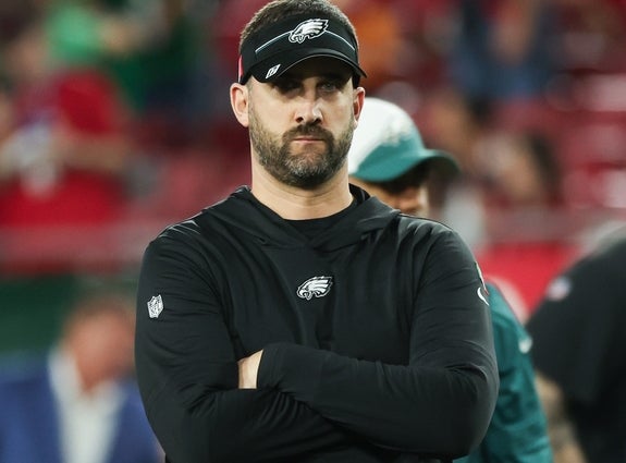 Philadelphia Eagles head coach Nick Sirianni stands on the sidelines during warm ups before a 2024 NFC wild card game against the Tampa Bay Buccaneers at Raymond James Stadium.