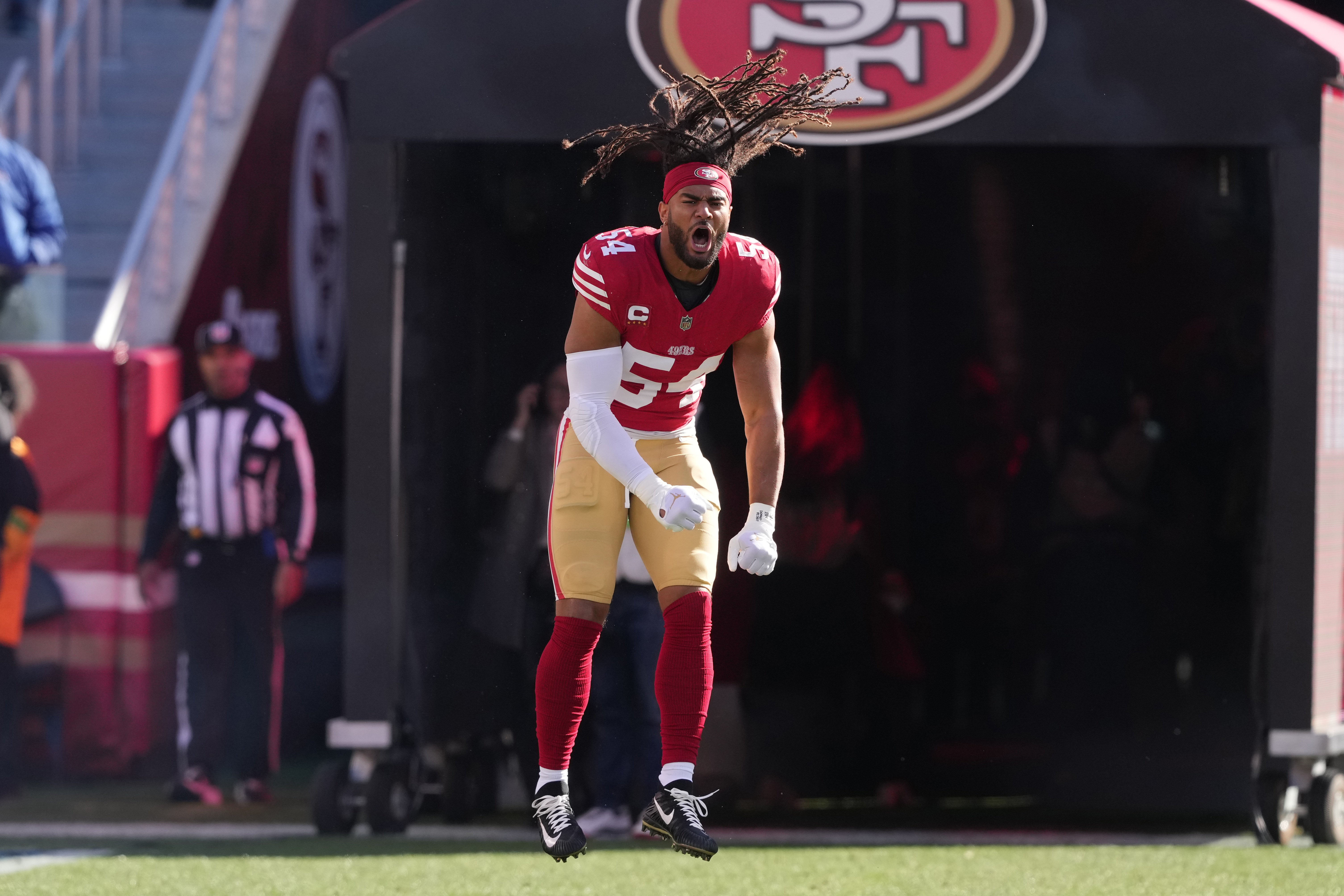 Jan 7, 2024; Santa Clara, California, USA; San Francisco 49ers linebacker Fred Warner (54) reacts during player introductions before the game against the Los Angeles Rams at Levi's Stadium.
