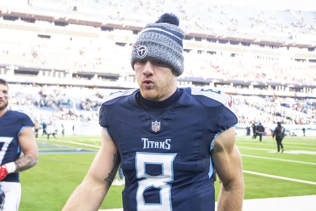 Tennessee Titans quarterback Will Levis (8) walks off the field against the Jacksonville Jaguars during the second half at Nissan Stadium.