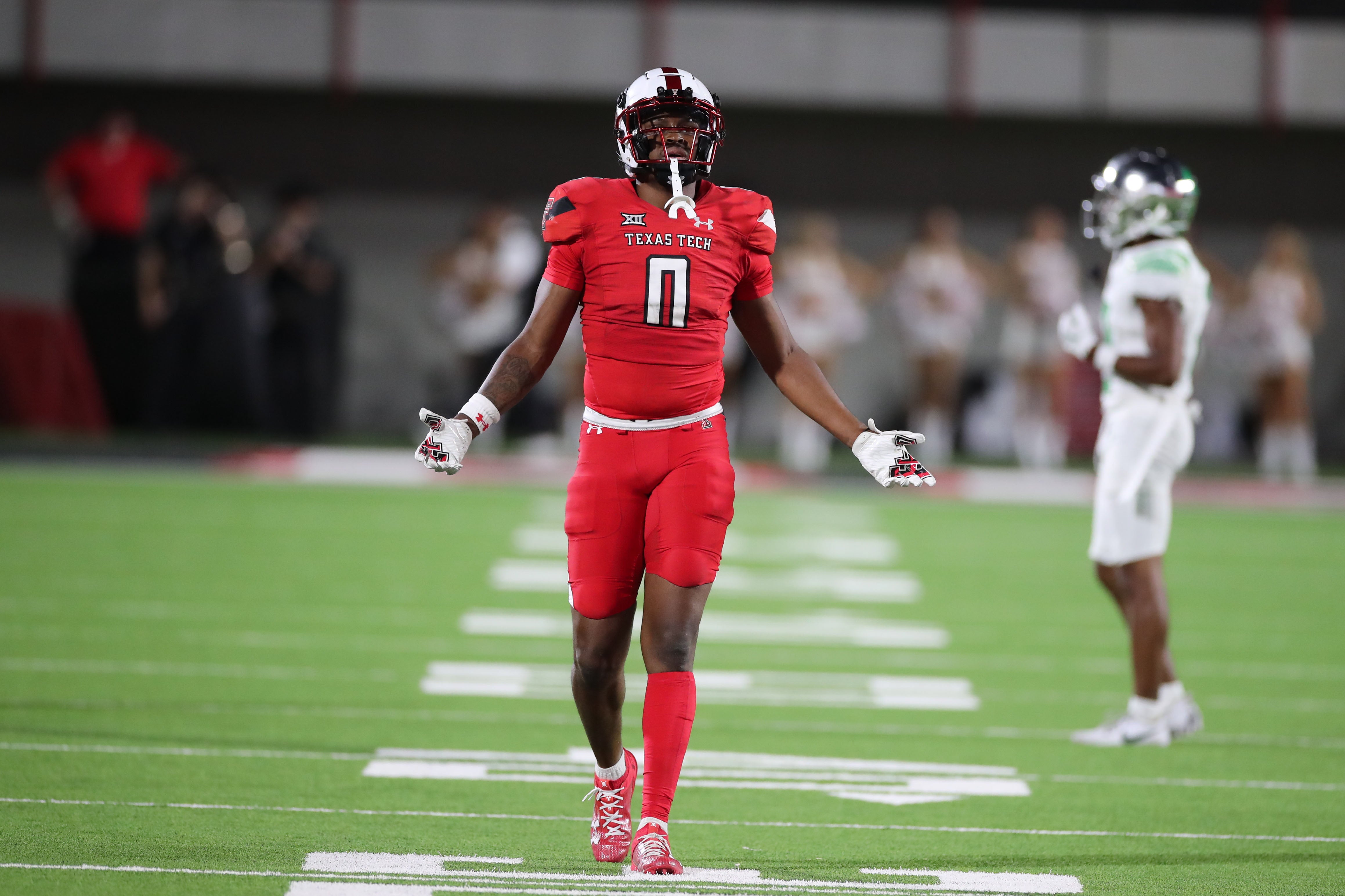 Sep 9, 2023; Lubbock, Texas, USA; Texas Tech Red Raiders corner back Rayshad Williams (0) reacts after a play on the Oregon Ducks in the second half at Jones AT&T Stadium and Cody Campbell Field.