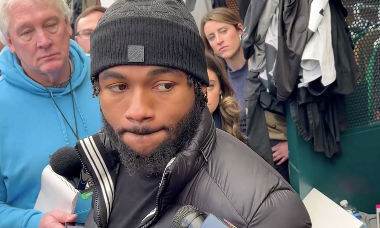 Philadelphia Eagles running back D'Andre Swift talks to reporters at the Novacare Complex.