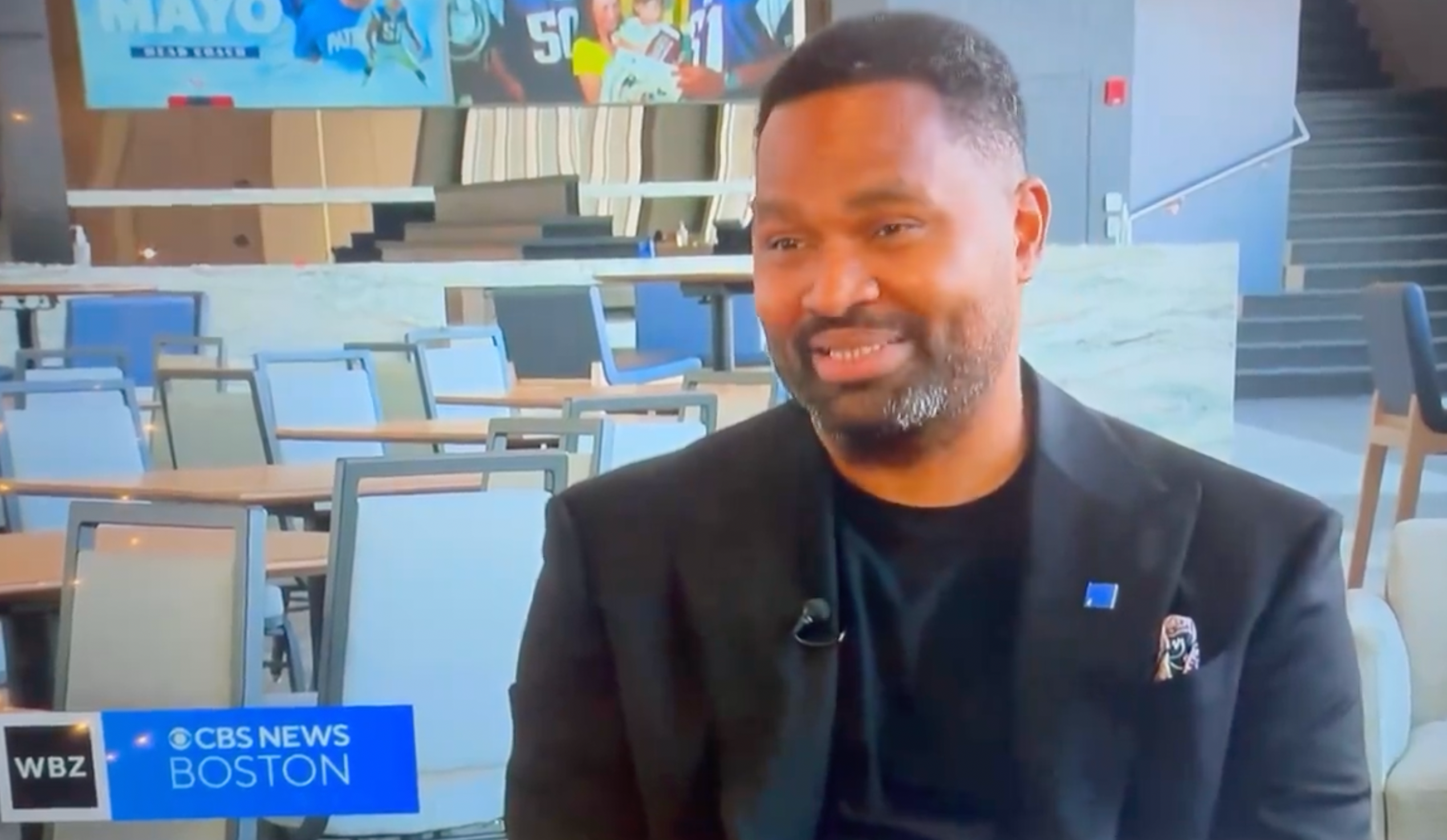 Jerod Mayo speaks with WBZ after his introductory press conference at Gillette Stadium