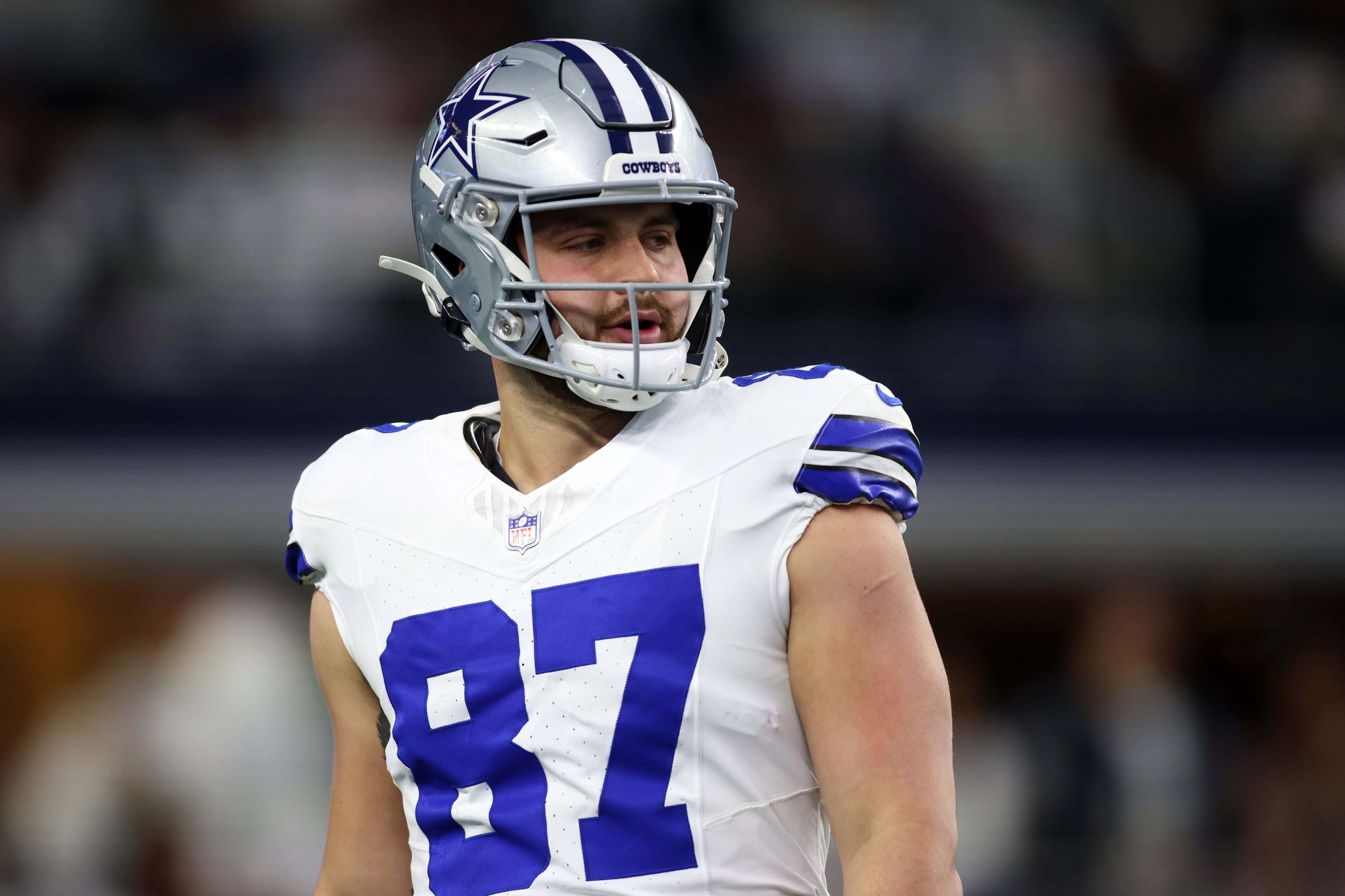 Dallas Cowboys tight end Jake Ferguson (87) practices before the 2024 NFC wild card game against the Green Bay Packers at AT&T Stadium.
