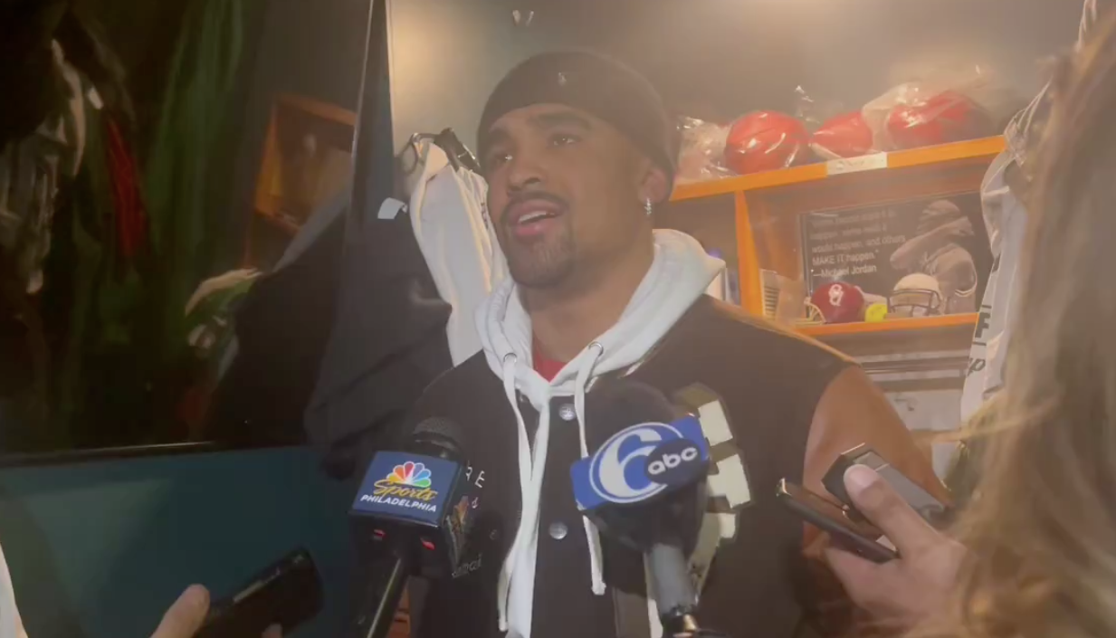 Philadelphia Eagles quarterback Jalen Hurts speaks to reporters on Wednesday during locker cleanout.