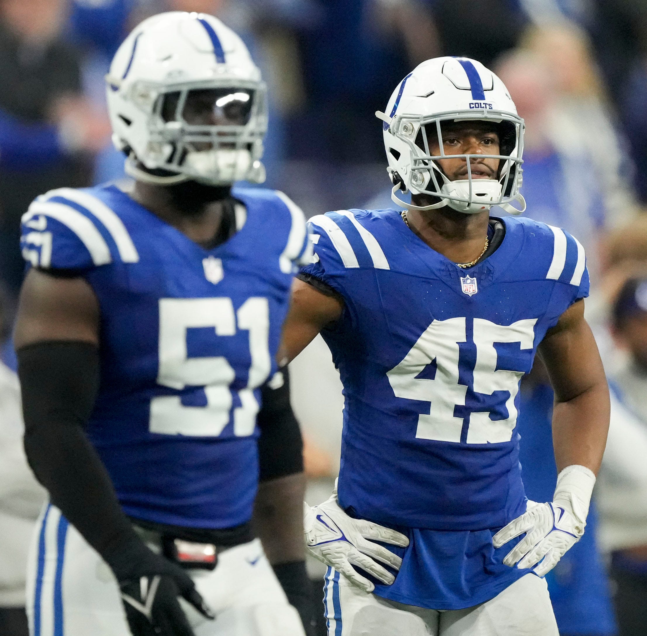 Indianapolis Colts linebacker E.J. Speed (45) reacts after a failed fourth down conversion Saturday, Jan. 6, 2024, during a game against the Houston Texans at Lucas Oil Stadium in Indianapolis.