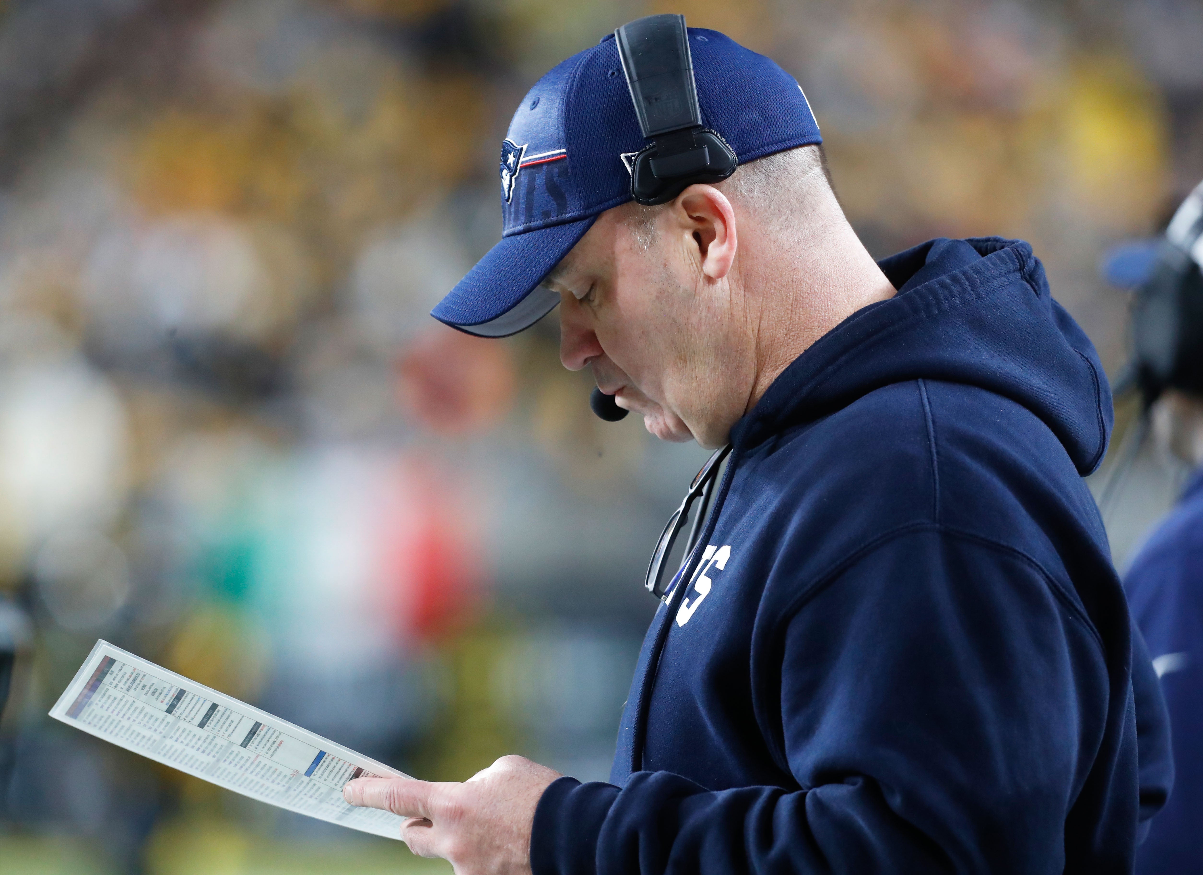 New England Patriots offensive coordinator Bill O'Brien on the sidelines against the Pittsburgh Steelers during the second quarter at Acrisure Stadium.