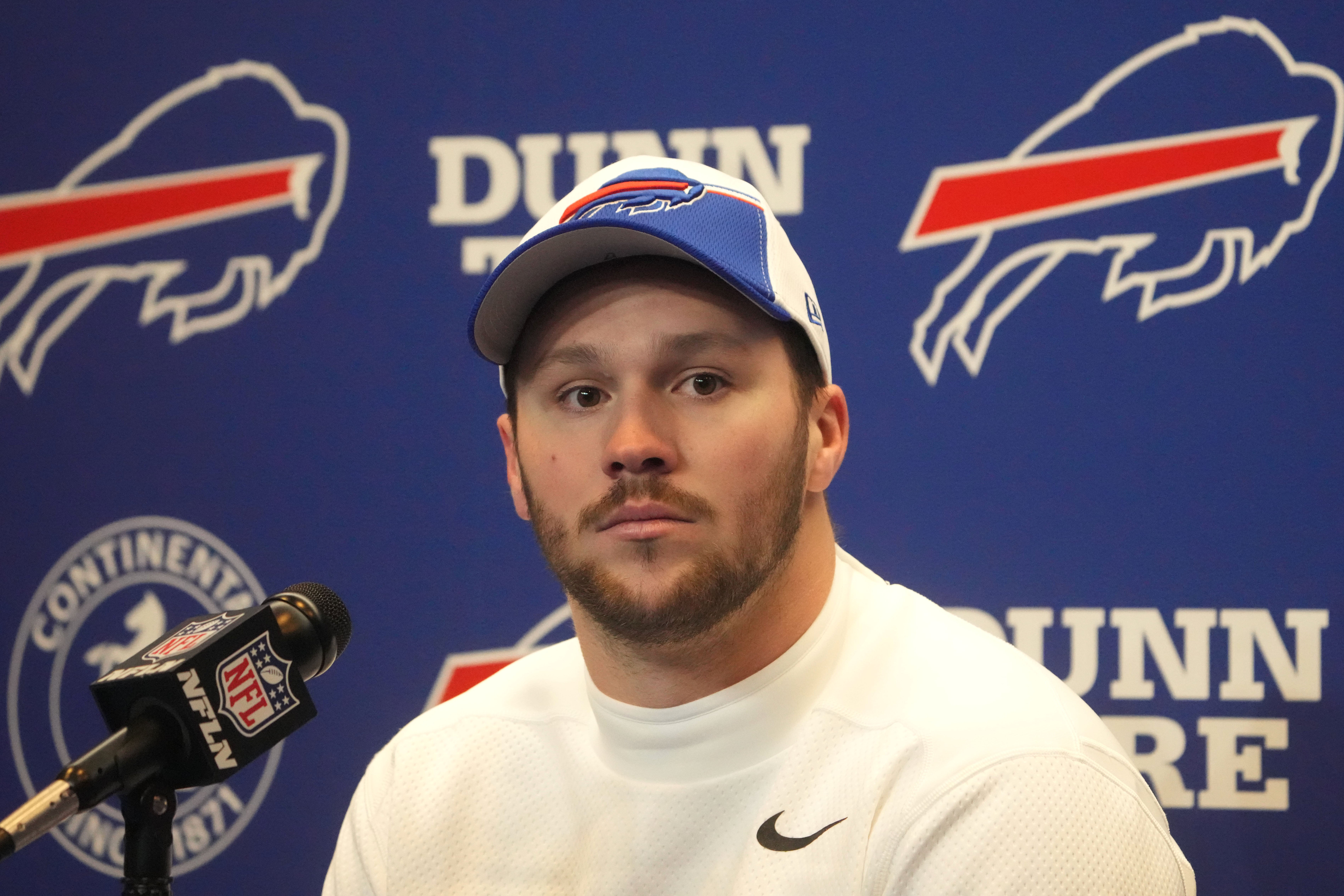 Buffalo Bills quarterback Josh Allen speaks at a press conference after a 2024 AFC wild card game at Highmark Stadium.