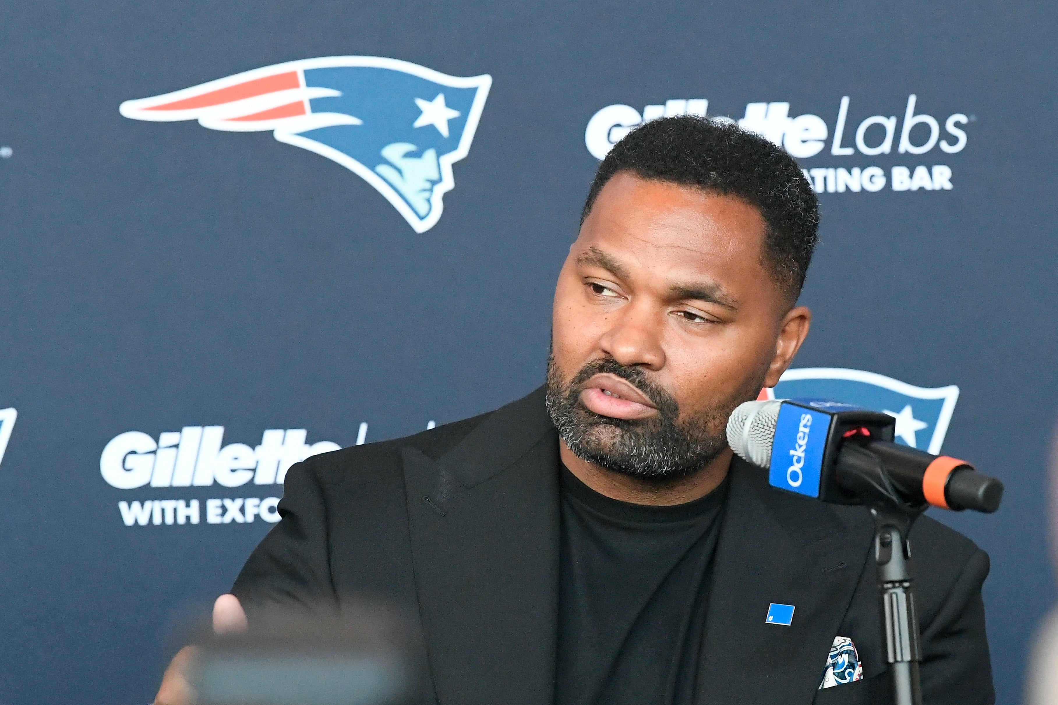 New England Patriots head coach Jerod Mayo answers questions from the media at a press conference at Gillette Stadium to announce his hiring as head coach.