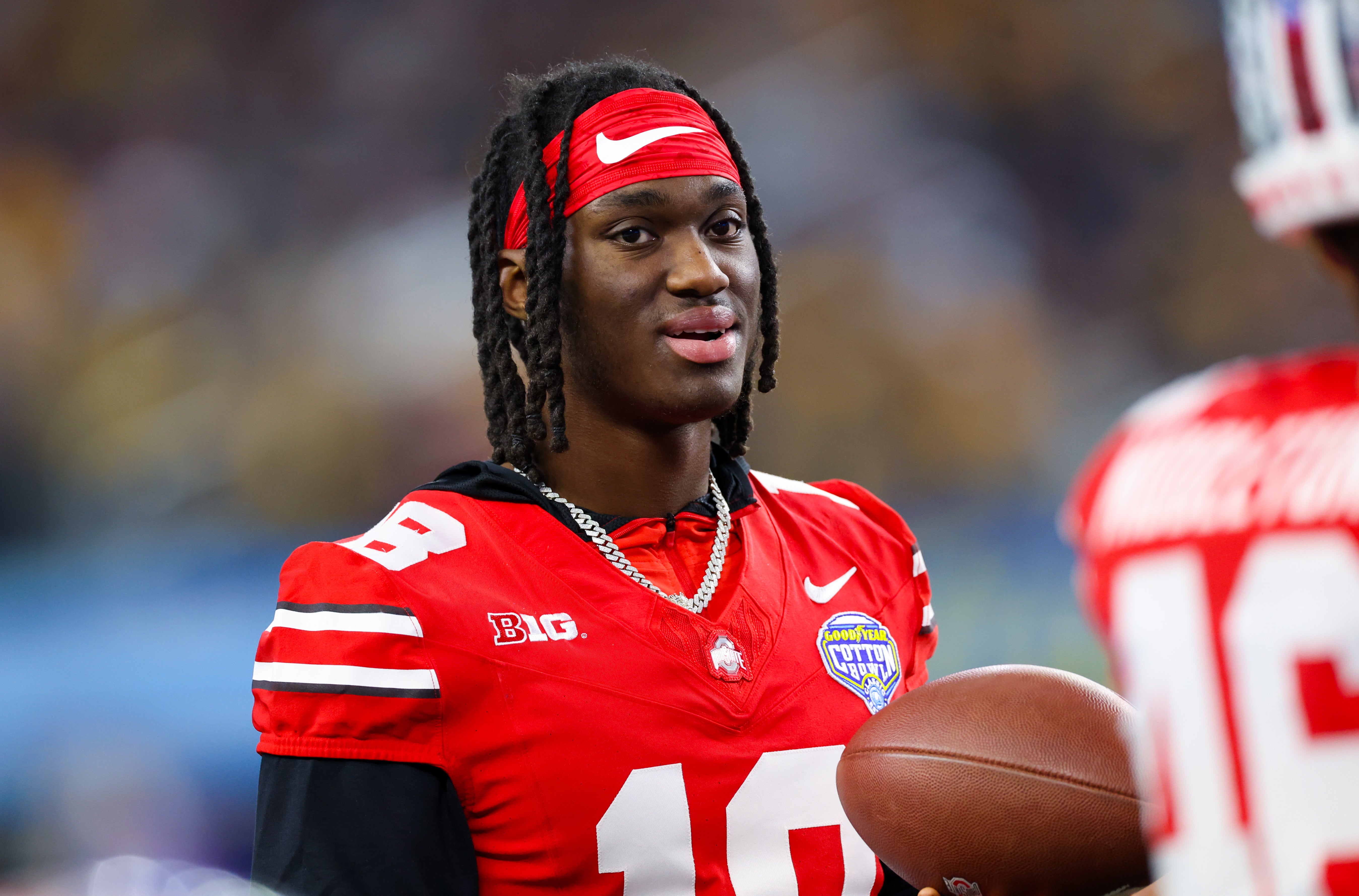 Dec 29, 2023; Arlington, TX, USA; Ohio State Buckeyes wide receiver Marvin Harrison Jr. (18) looks on during the second half against the Missouri Tigers at AT&T Stadium.