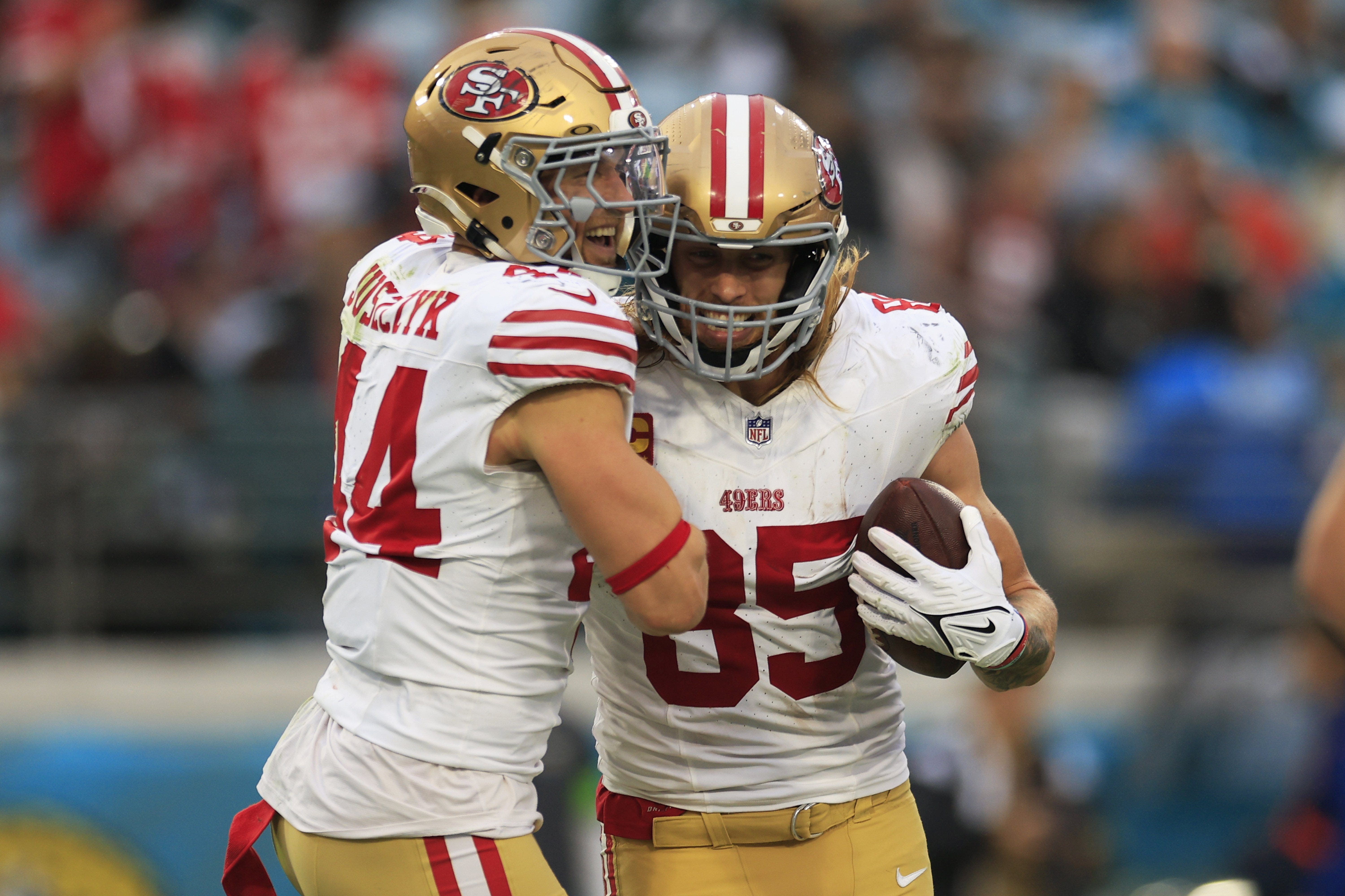 San Francisco 49ers fullback Kyle Juszczyk (44) scores a touchdown as tight end George Kittle (85) celebrates with him during the fourth quarter of an NFL football game Sunday, Nov. 12, 2023 at EverBank Stadium in Jacksonville, Fla. The San Francisco 49ers defeated the Jacksonville Jaguars 34-3. [Corey Perrine/Florida Times-Union]