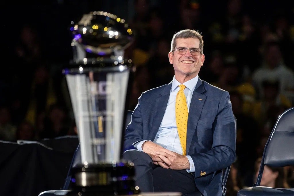 Michigan head coach Jim Harbaugh looks on during the national championship celebration at Crisler Center in Ann Arbor on Saturday, Jan. 13, 2024