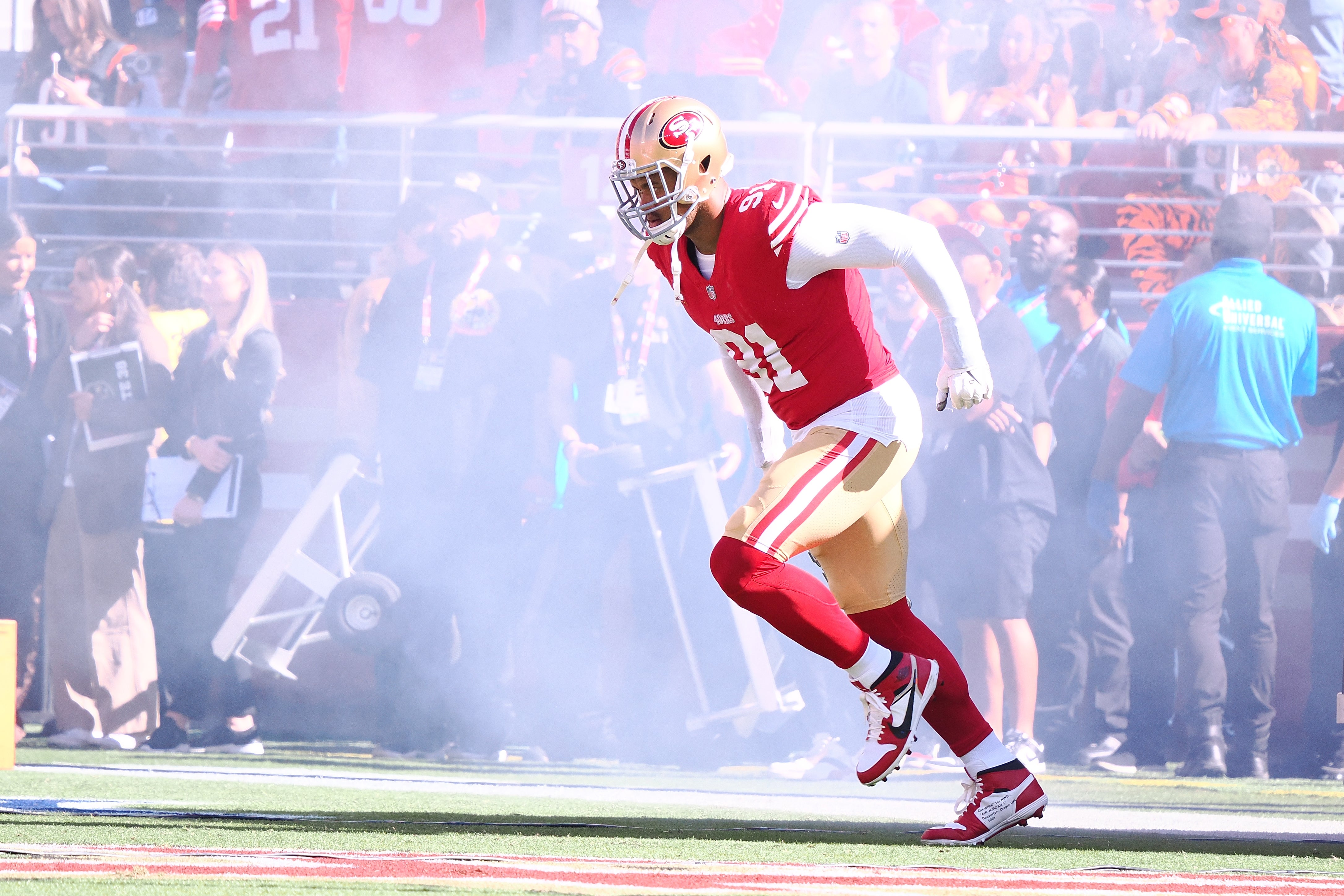Oct 29, 2023; Santa Clara, California, USA; San Francisco 49ers defensive end Arik Armstead (91) enters the field before the game against the Cincinnati Bengals at Levi's Stadium.: