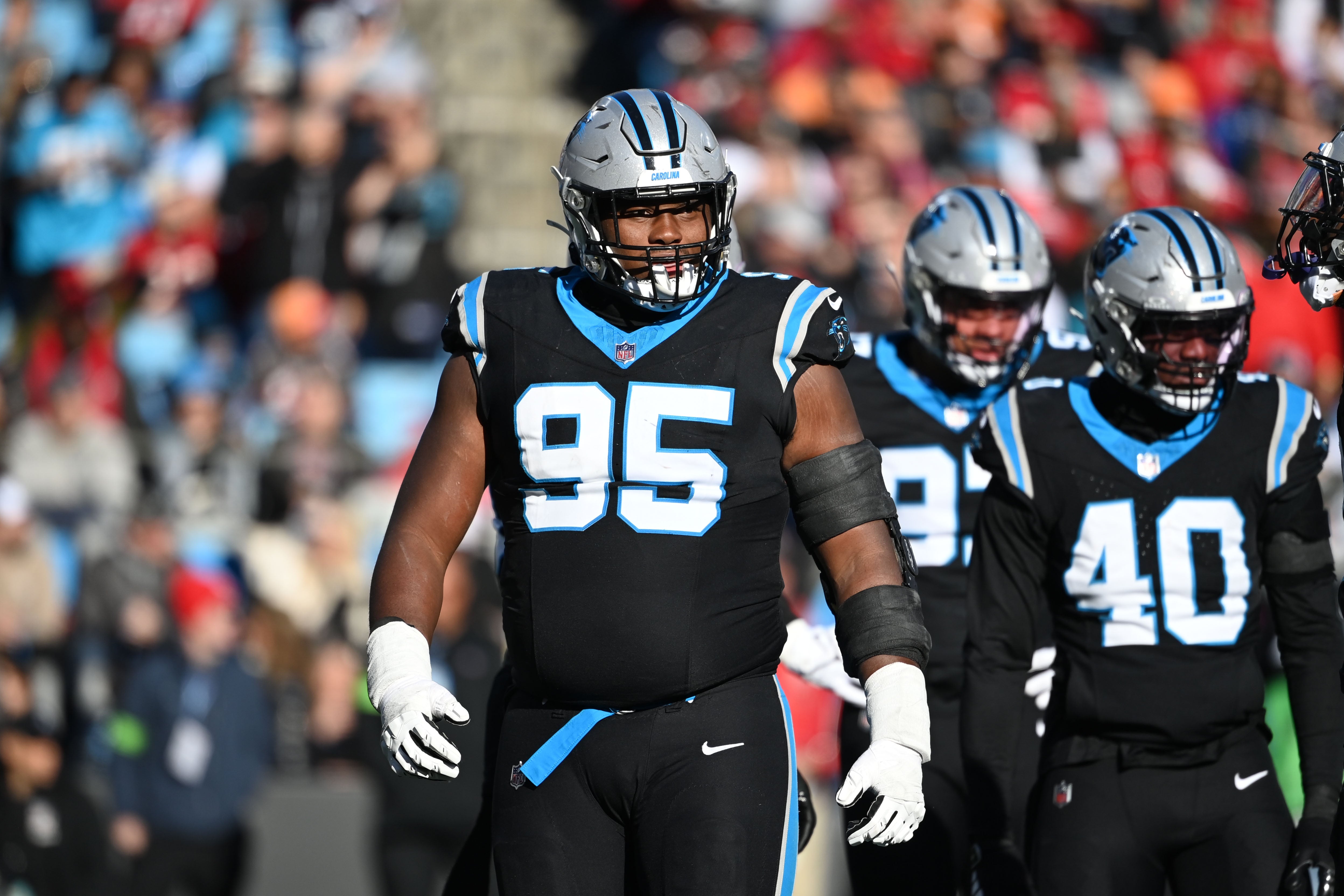 Jan 7, 2024; Charlotte, North Carolina, USA; Carolina Panthers defensive tackle Derrick Brown (95) reacts in the third quarter at Bank of America Stadium. Mandatory Credit: Bob Donnan-USA TODAY Sports