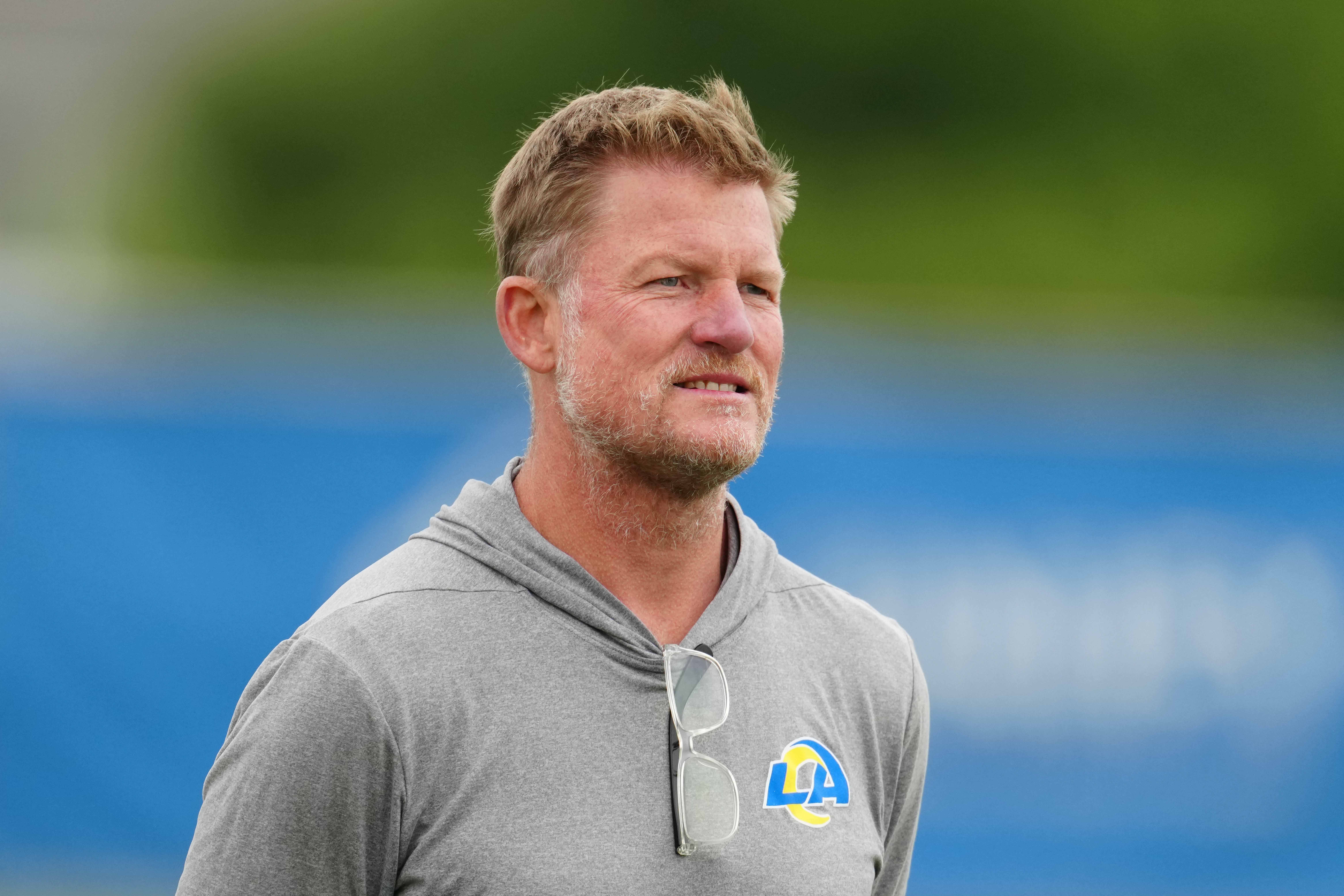 May 23, 2023, Thousand Oaks, CA, USA; Los Angeles Rams general manager Les Snead during organized team activities at Cal Lutheran. Mandatory Credit: Kirby Lee-USA TODAY Sports