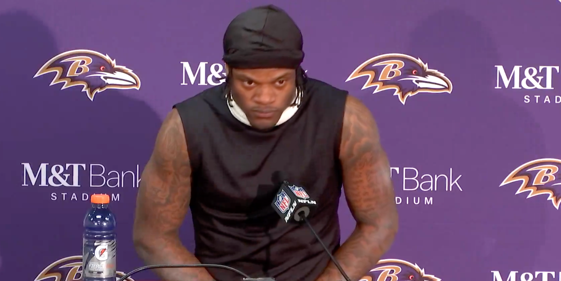 Baltimore Ravens QB Lamar Jackson addresses the media following the 34-10 divisional round win vs. Houston Texans