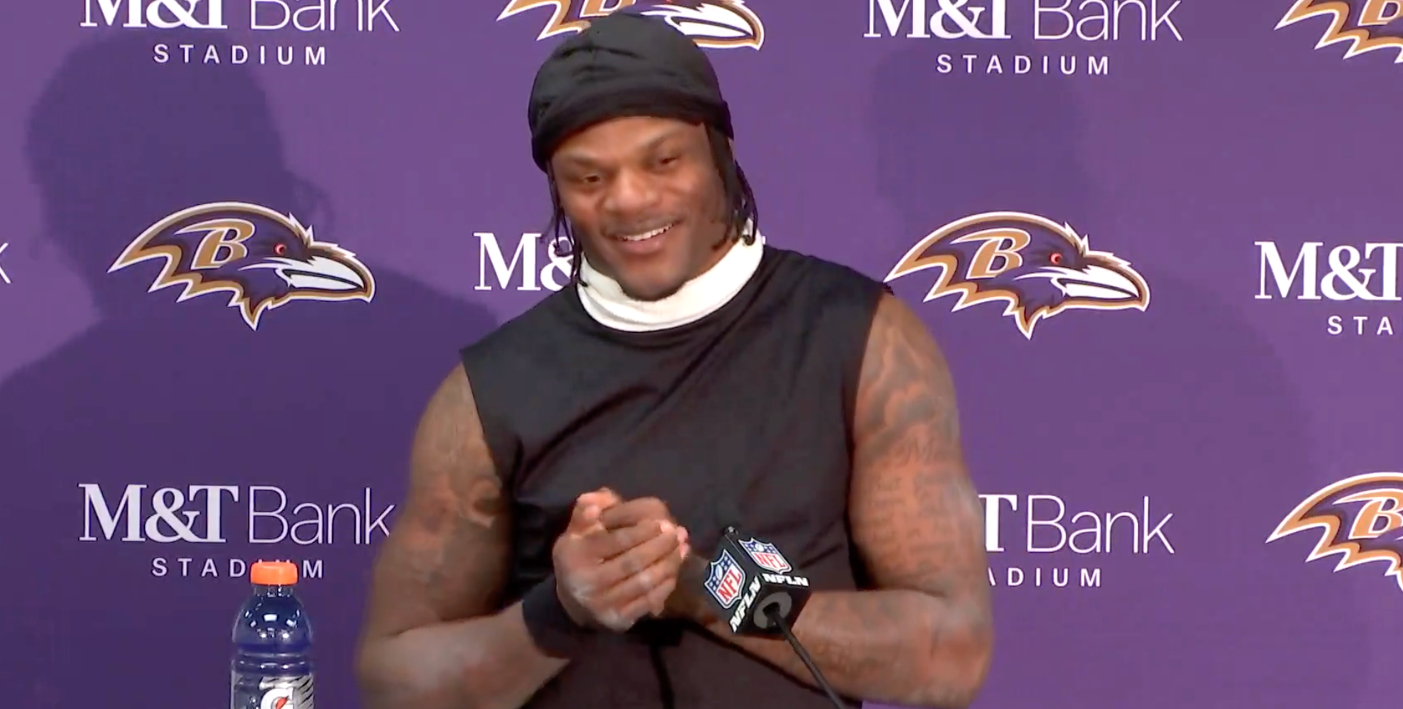 Baltimore Ravens QB Lamar Jackson addresses the media following a 34-10 divisional round win vs. Houston Texans