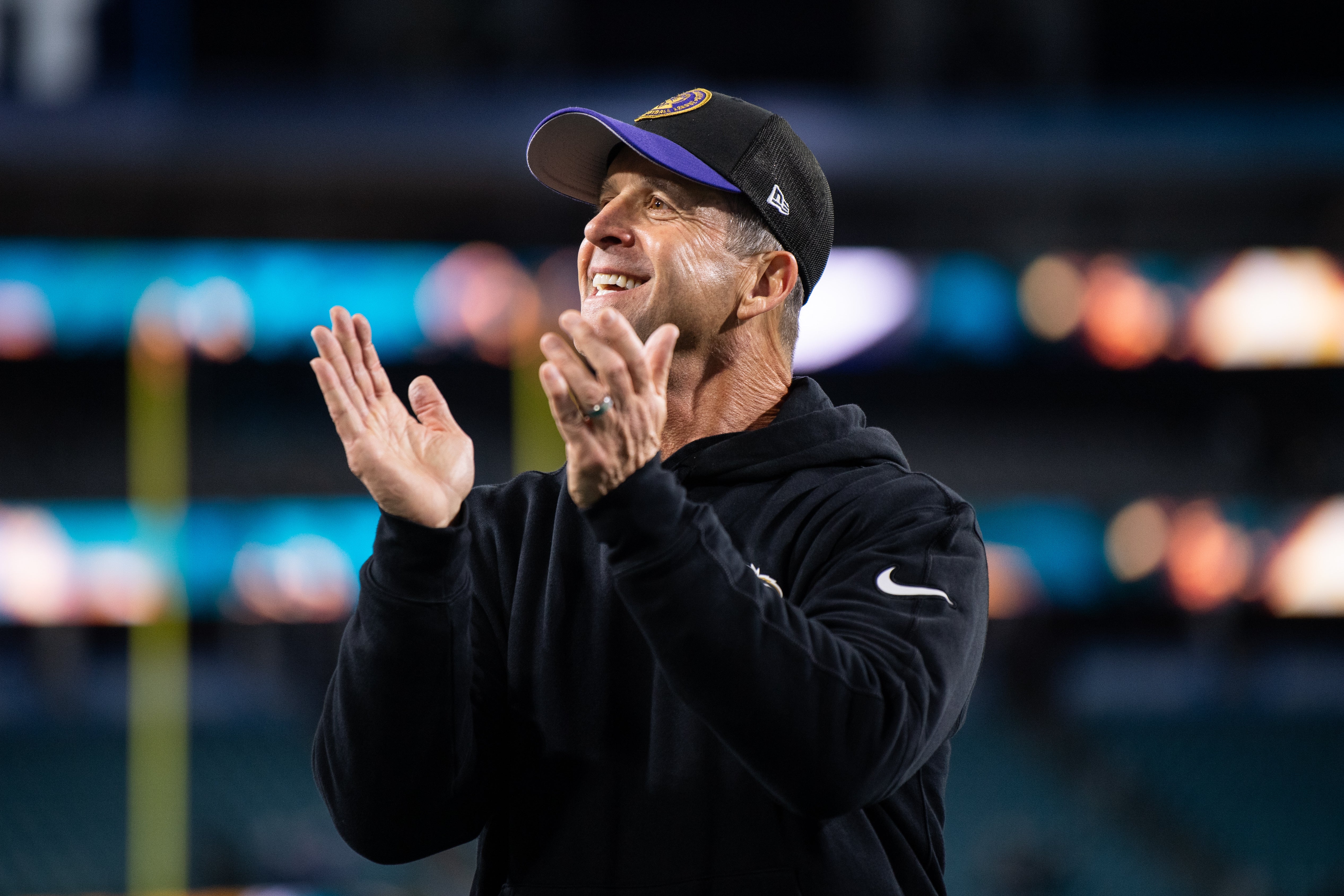 Dec 17, 2023; Jacksonville, Florida, USA; Baltimore Ravens head coach John Harbaugh reacts after the game against the Jacksonville Jaguars at EverBank Stadium.
