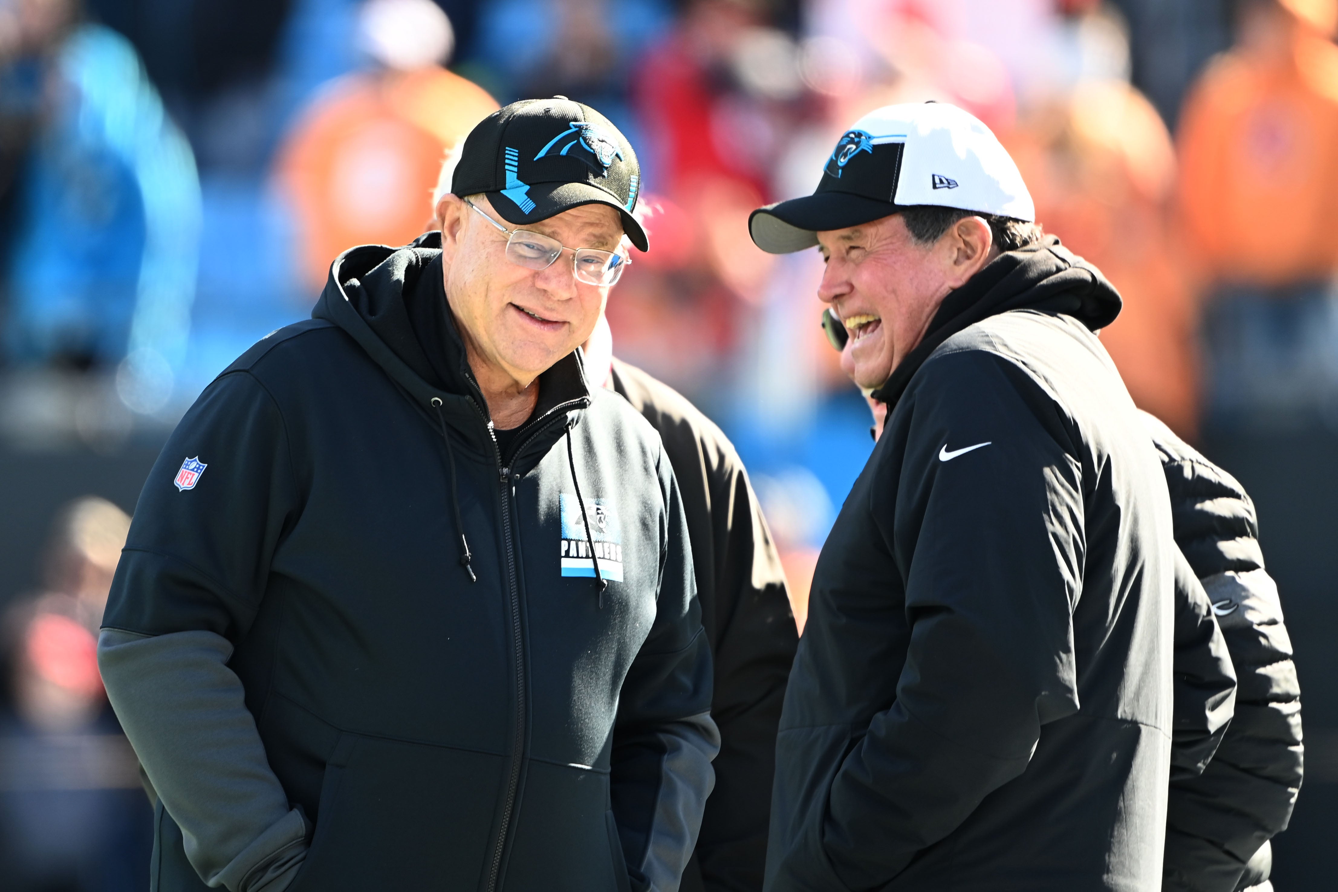Jan 7, 2024; Charlotte, North Carolina, USA; Carolina Panthers owner David Tepper with assistant coach Dom Cappers before the game at Bank of America Stadium. Mandatory Credit: Bob Donnan-USA TODAY Sports