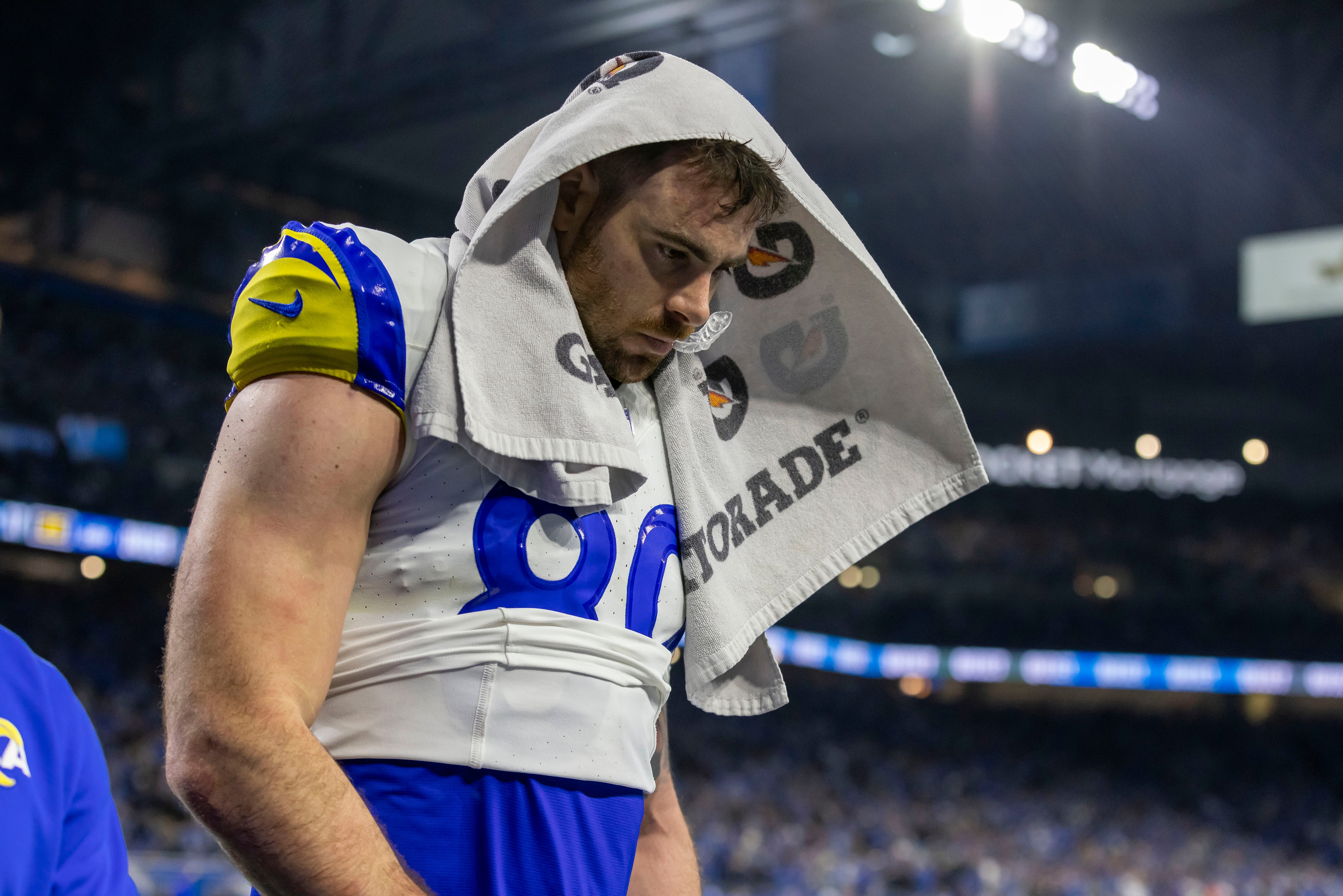 Jan 14, 2024; Detroit, Michigan, USA; Los Angeles Rams tight end Tyler Higbee (89) leaves the field after losing a 2024 NFC wild card game against the Detroit Lions at Ford Field. Mandatory Credit: David Reginek-USA TODAY Sports