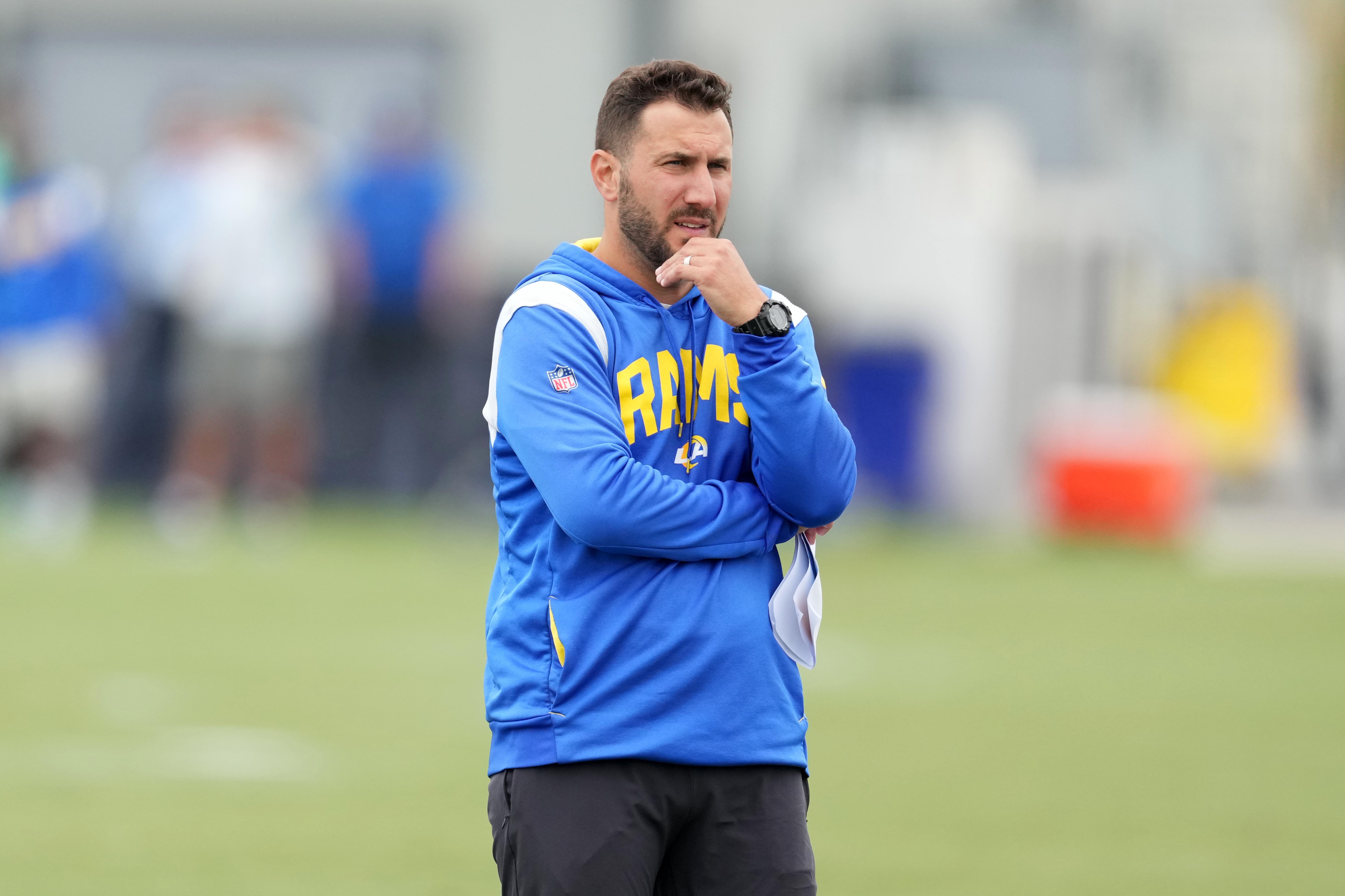Jun 14, 2023; Thousand Oaks, CA, USA; Los Angeles Rams tight ends coach Nick Caley during minicamp at Cal Lutheran University. Mandatory Credit: Kirby Lee-USA TODAY Sport