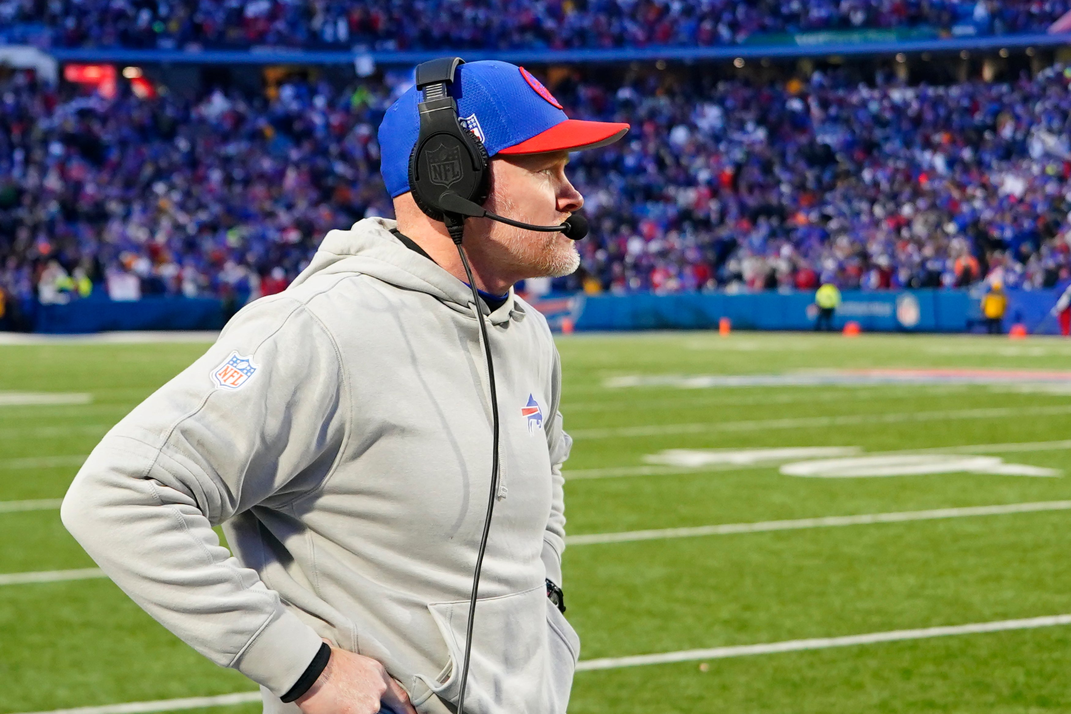 Buffalo Bills head coach Sean McDermott looks on from the sidelines during the second half against the New England Patriots at Highmark Stadium.