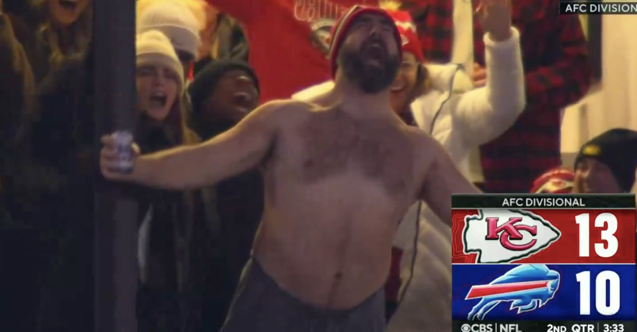 Philadelphia Eagles center Jason Kelce cheers on his brother Travis Kelce at the Kansas City Chiefs-Buffalo Bills playoff game.