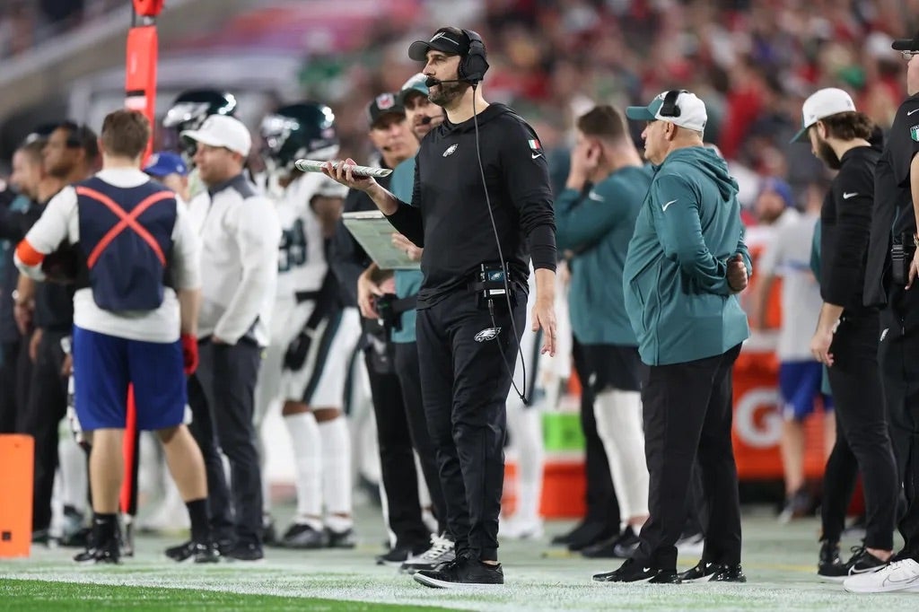 Philadelphia Eagles head coach Nick Sirianni on the sidelines during the first half of a 2024 NFC wild card game against the Tampa Bay Buccaneers at Raymond James Stadium.