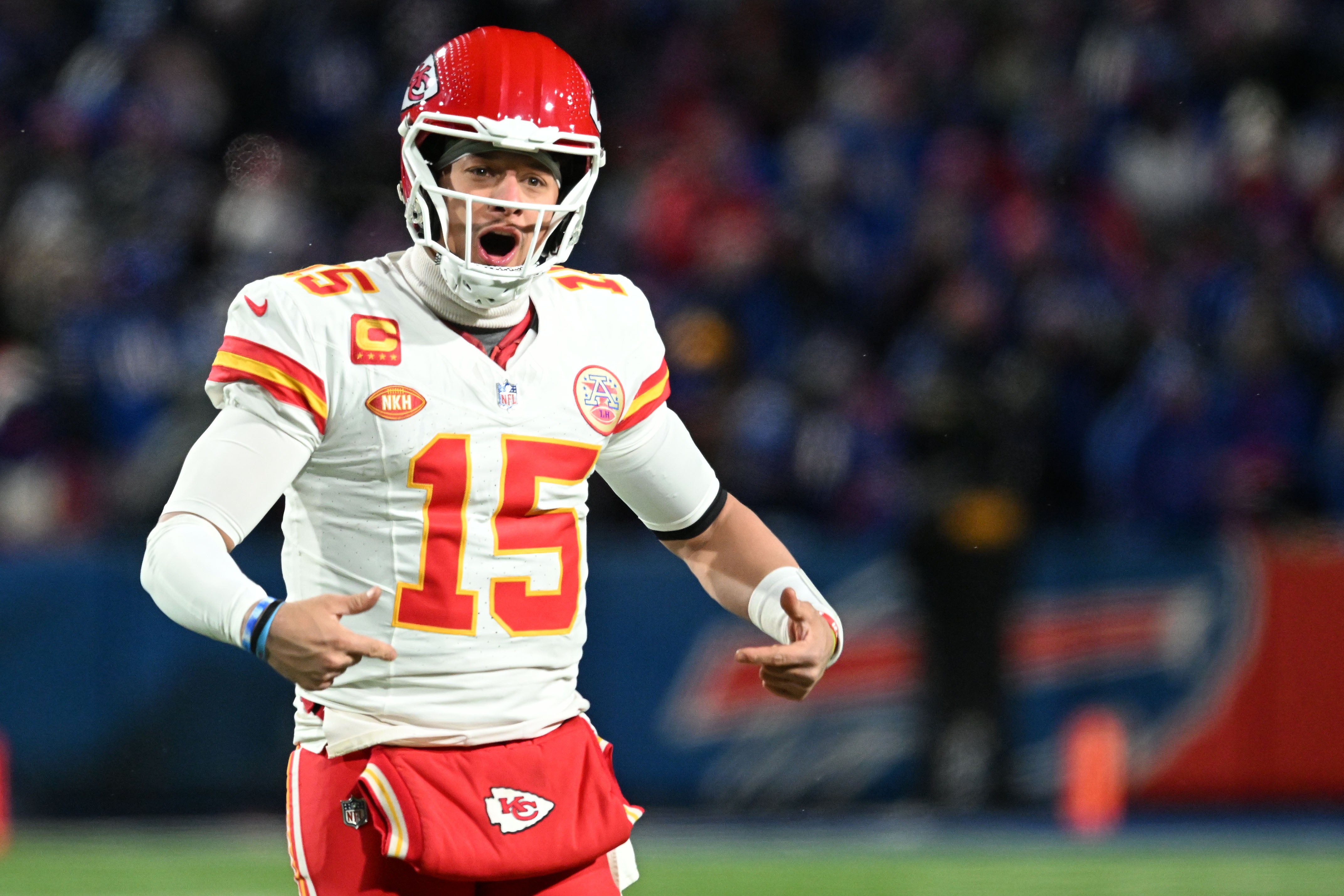 Jan 21, 2024; Orchard Park, New York, USA; Kansas City Chiefs quarterback Patrick Mahomes (15) reacts against the Buffalo Bills in the second half of the 2024 AFC divisional round game at Highmark Stadium.