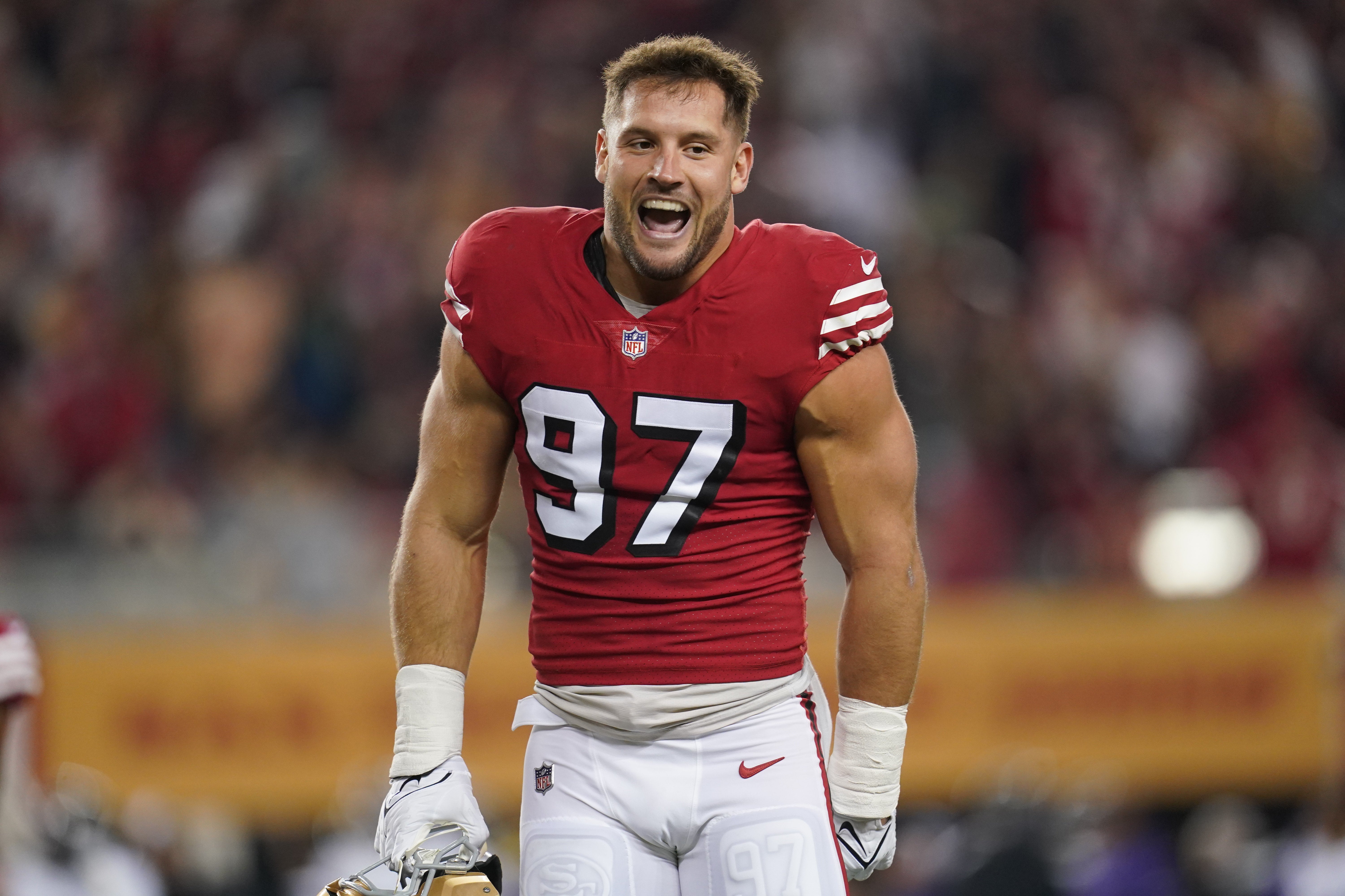 Dec 25, 2023; Santa Clara, California, USA; San Francisco 49ers defensive end Nick Bosa (97) reacts after the 49ers recorded a safety against the Baltimore Ravens in the first quarter at Levi's Stadium.