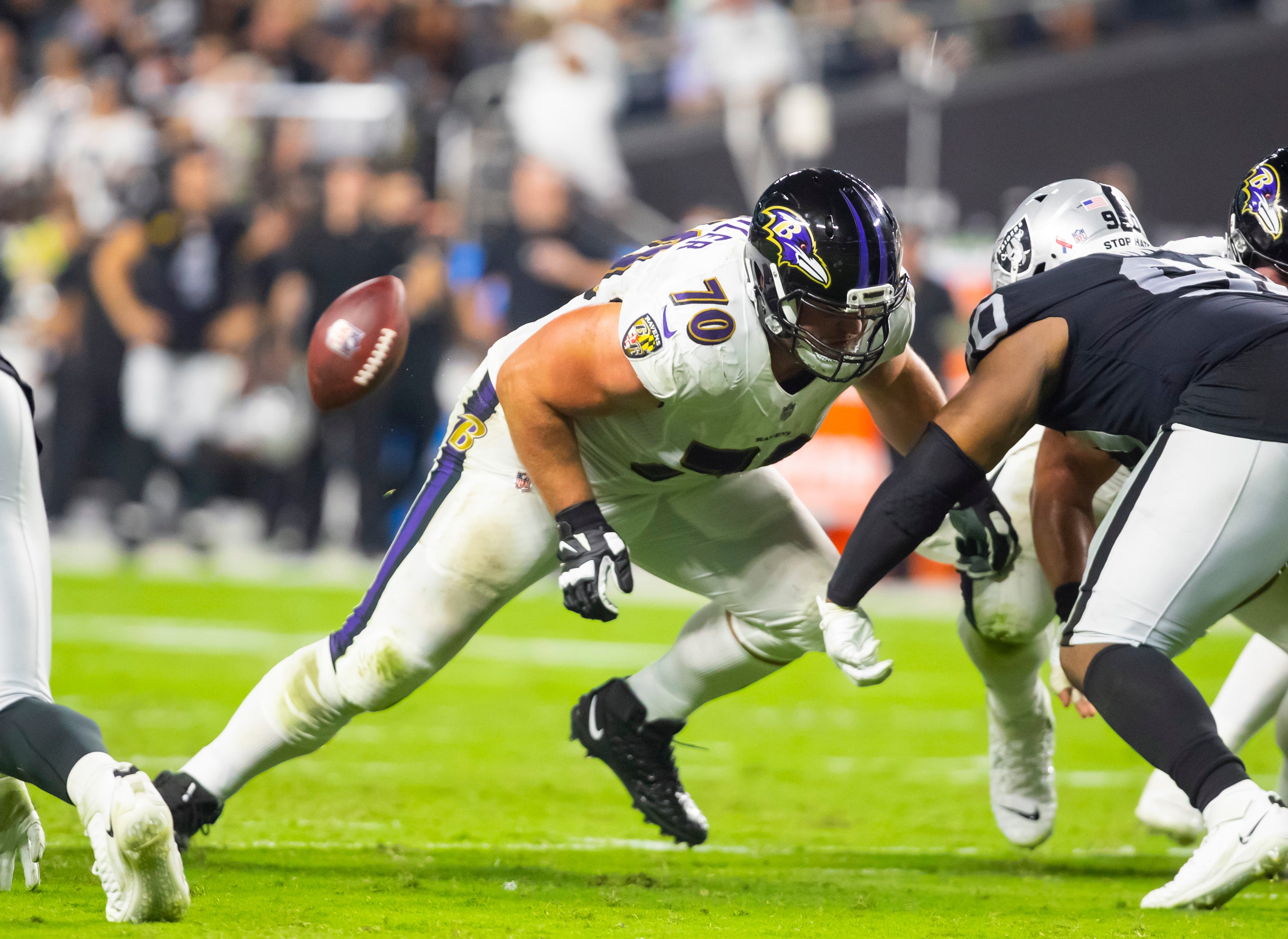 Sep 13, 2021; Paradise, Nevada, USA; Baltimore Ravens guard Kevin Zeitler (70) against the Las Vegas Raiders during Monday Night Football at Allegiant Stadium.