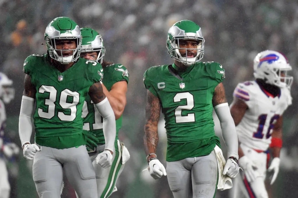 Philadelphia Eagles cornerback Eli Ricks (39) and cornerback Darius Slay (2) against the Buffalo Bills at Lincoln Financial Field.